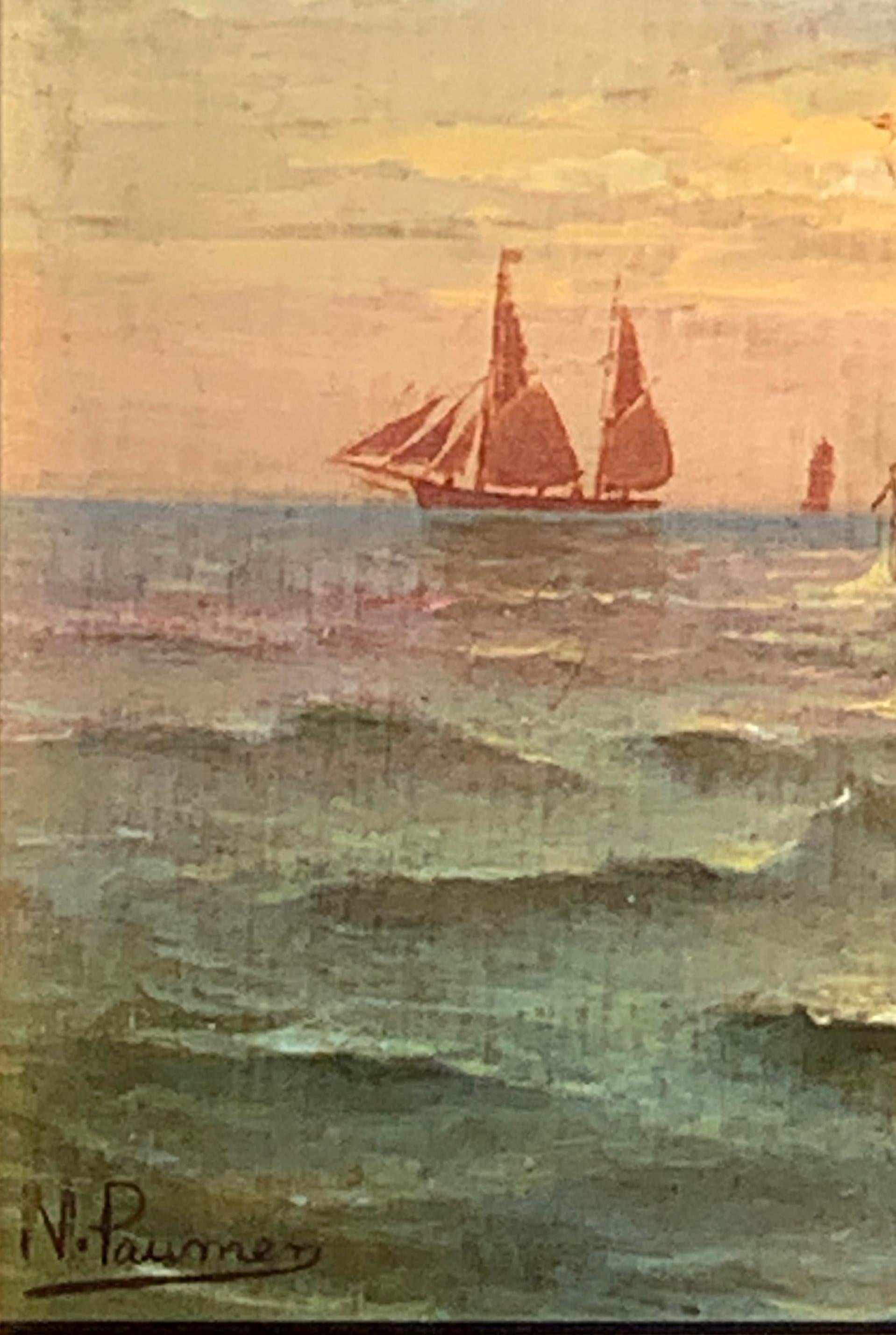 Scène d'expédition victorienne française du 19e siècle au coucher du soleil - Victorien Painting par N. Pauman