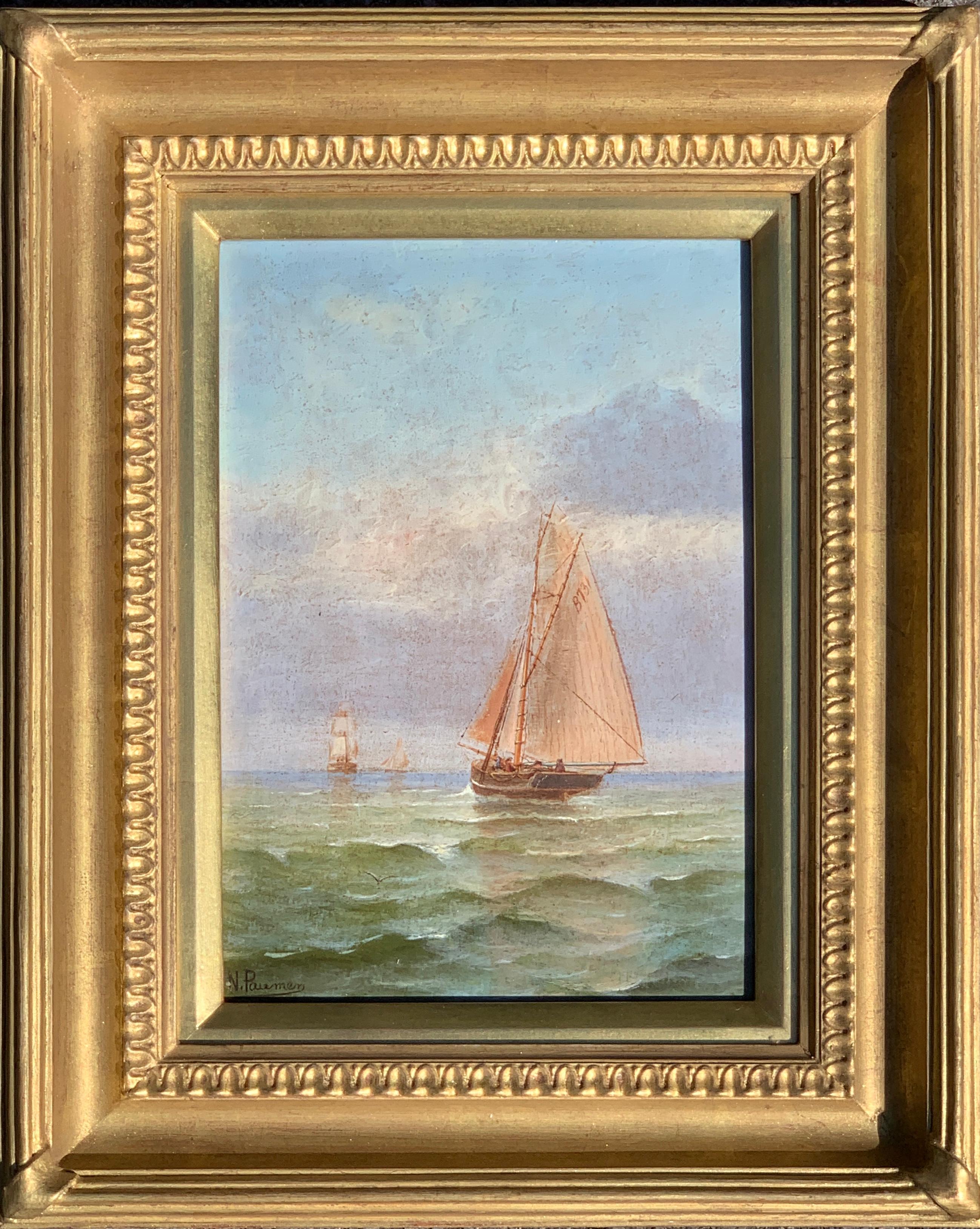 N. Pauman Figurative Painting - Oil painting, French 19th century Victorian Shipping scene at Morning time.