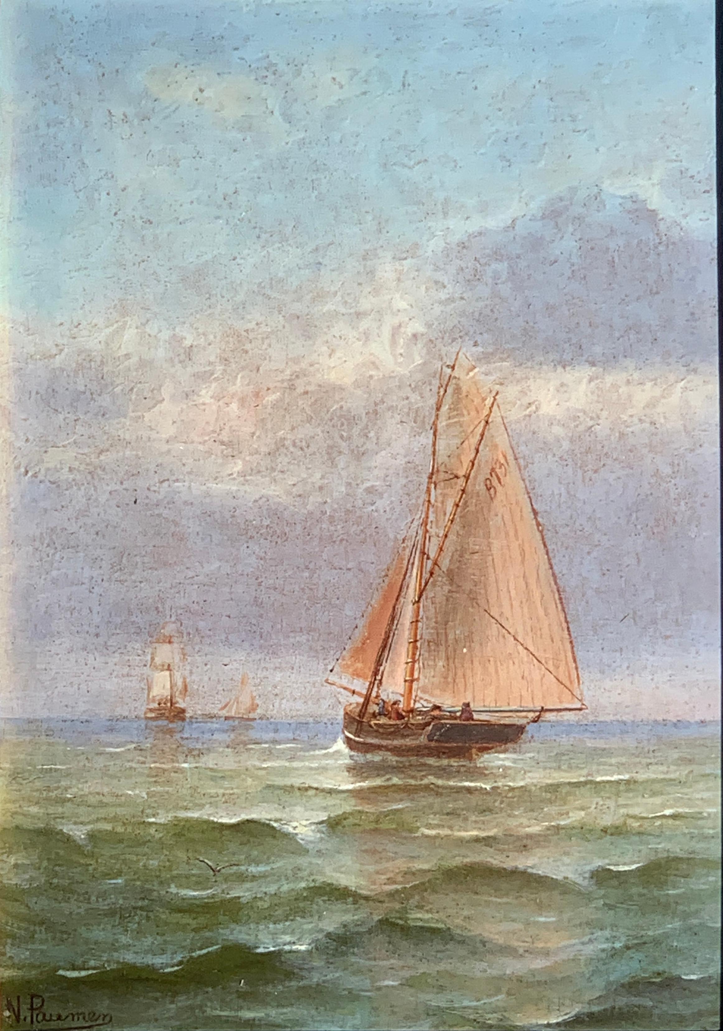 Oil painting, French 19th century Victorian Shipping scene at Morning time. - Painting by N. Pauman