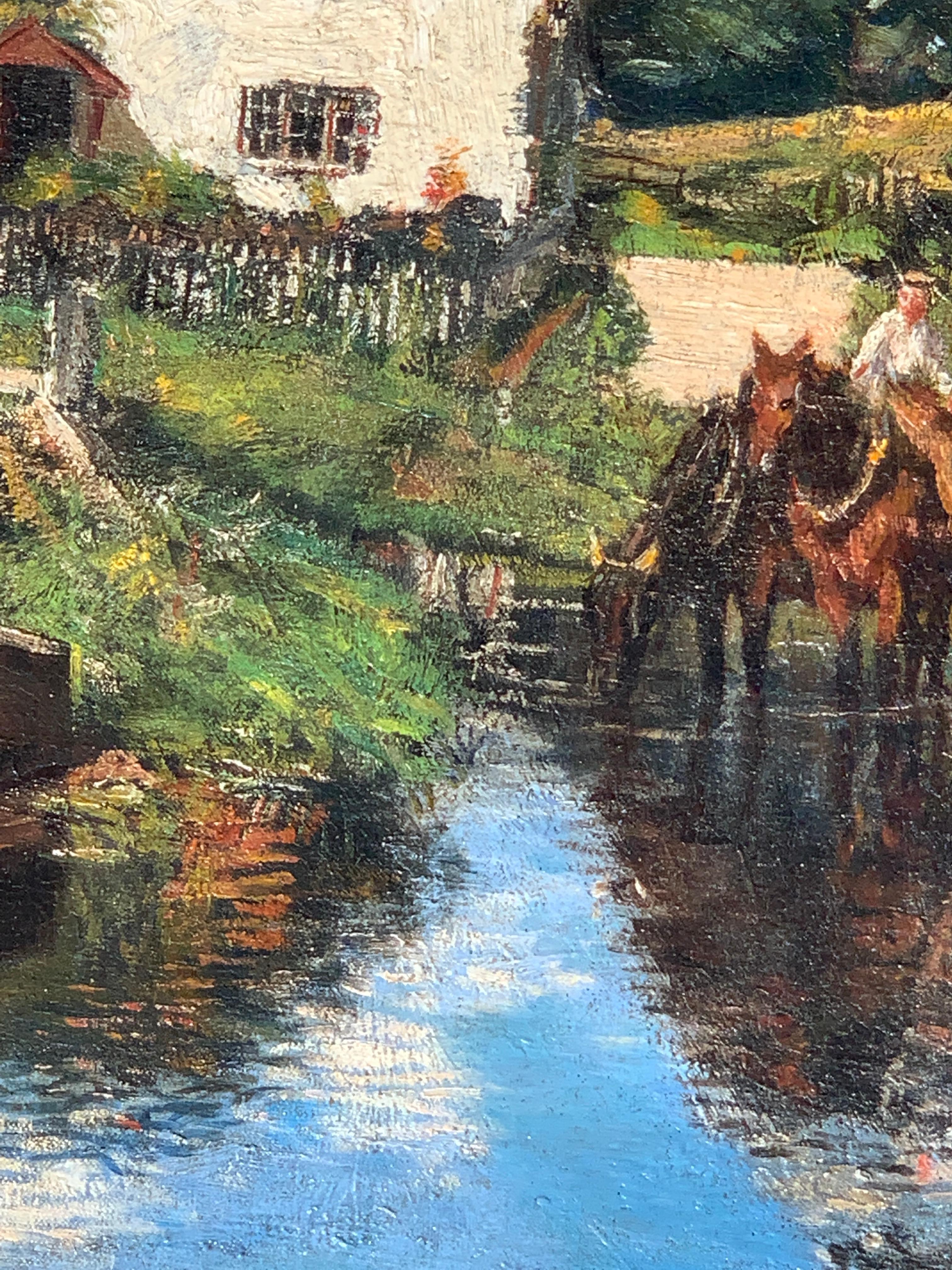 Oil painting, 19th century English scene of Children with horses Newlyn Cornwall - Brown Figurative Painting by Fairly Harmer