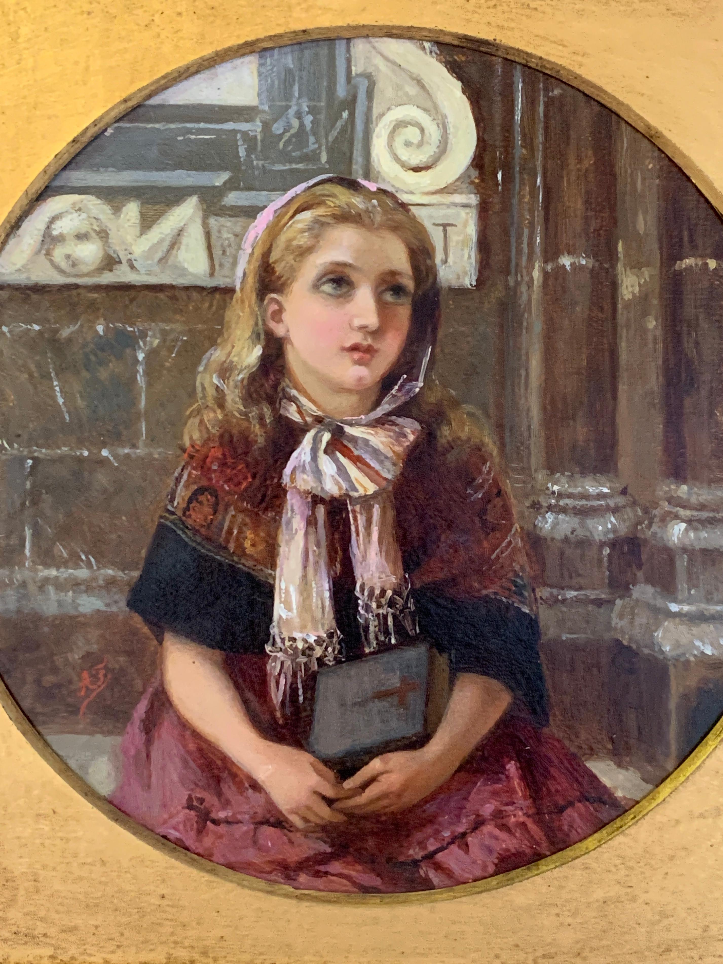 Victorian  Oil Portrait of a little girl at church on Sunday Morning - Painting by Alberta Frank