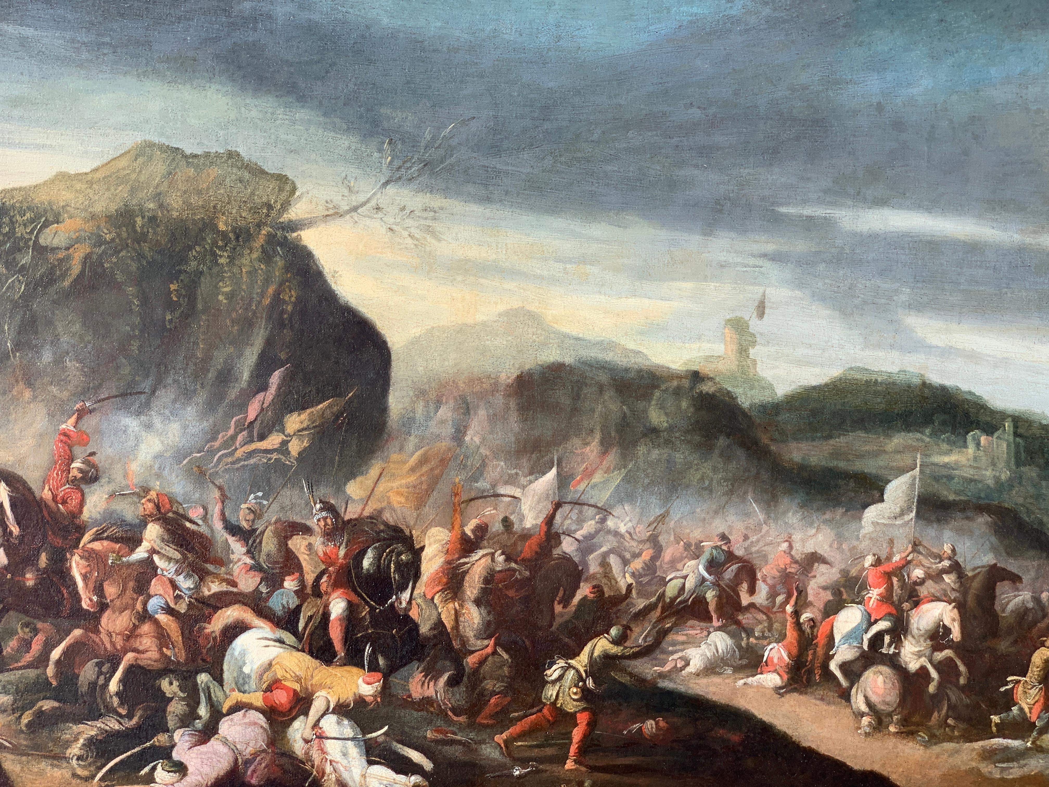 17th century Italian Horse Battle scene between Crusaders and their enemy - Painting by Jacques Courtois