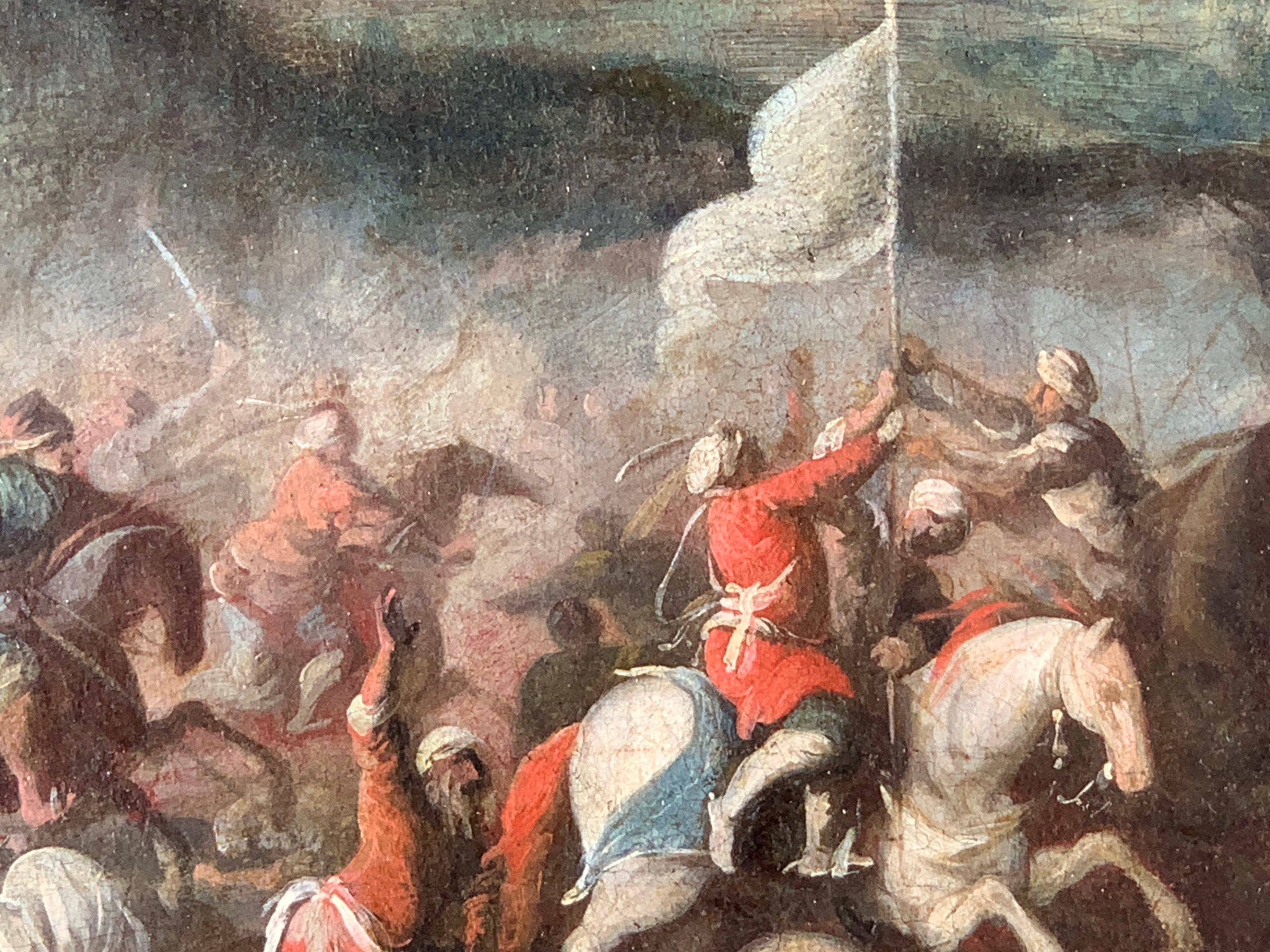 Caballo italiano del siglo XVII Escena de batalla entre los cruzados y su enemigo - Figurative Painting Gris de Jacques Courtois