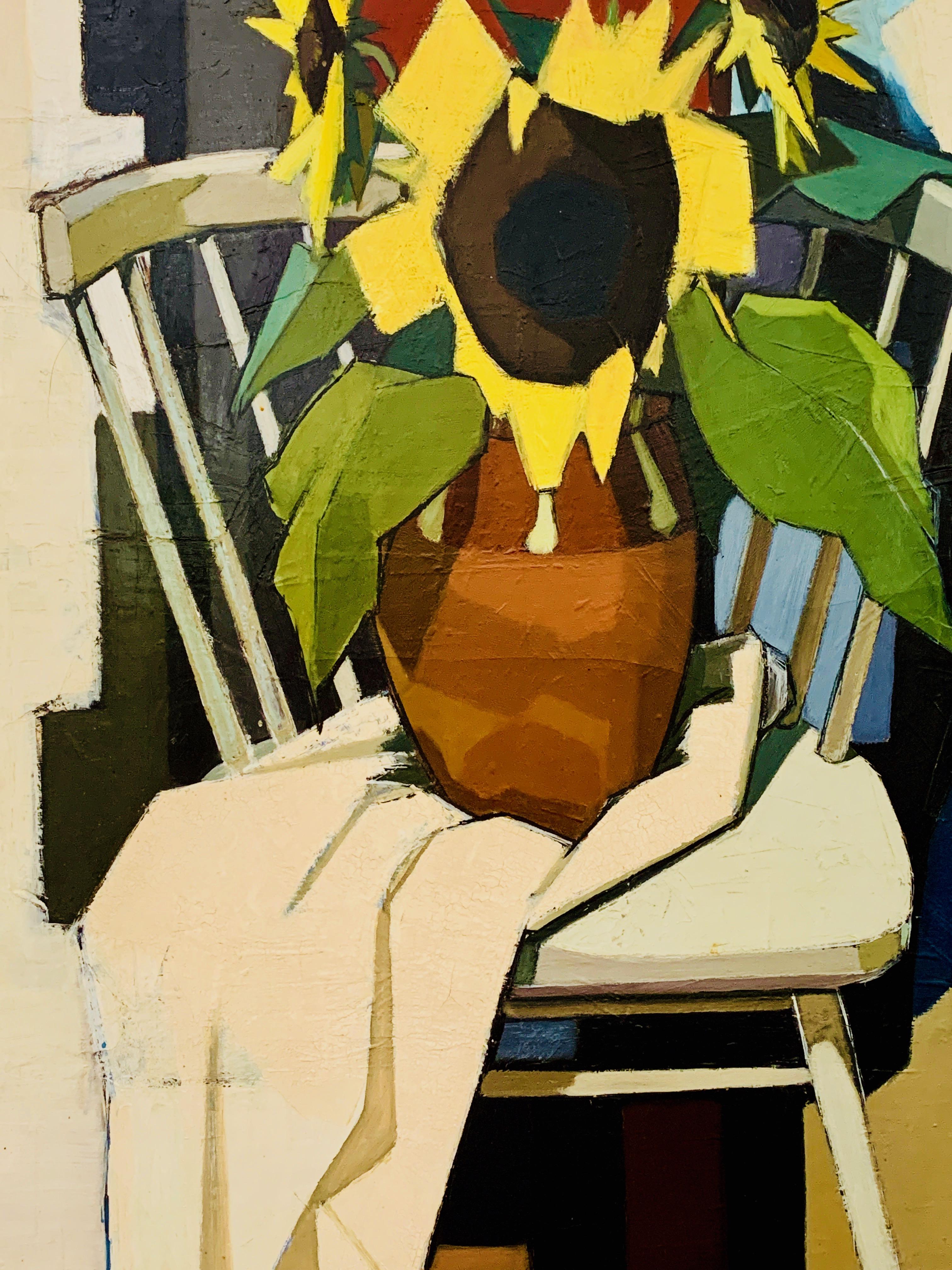 Modernist 1950's mid century still life of Sunflowers in an interior - Painting by Edmond Lund