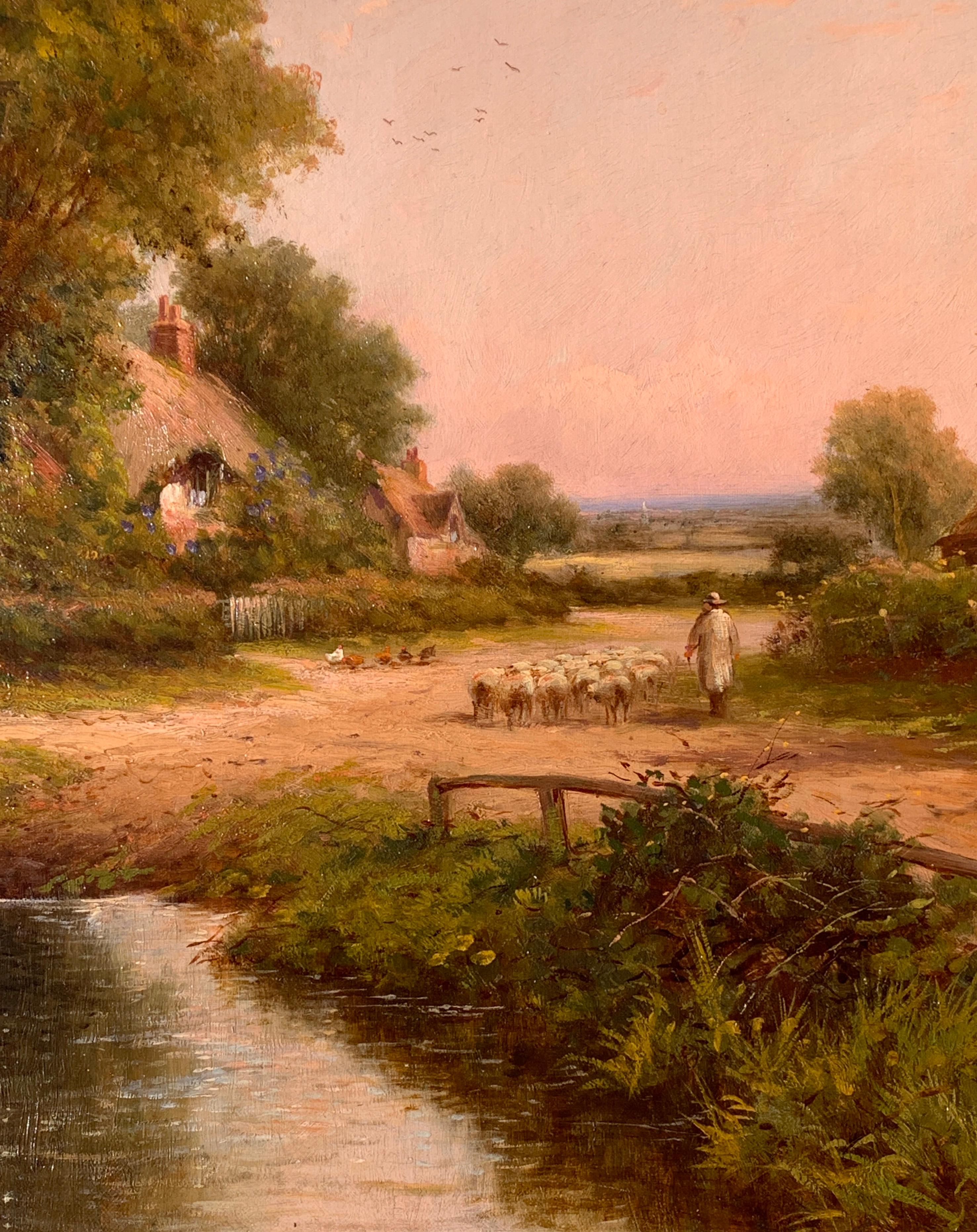 19th Century Victorian English cottage landscape - Brown Landscape Painting by Henry Maidment