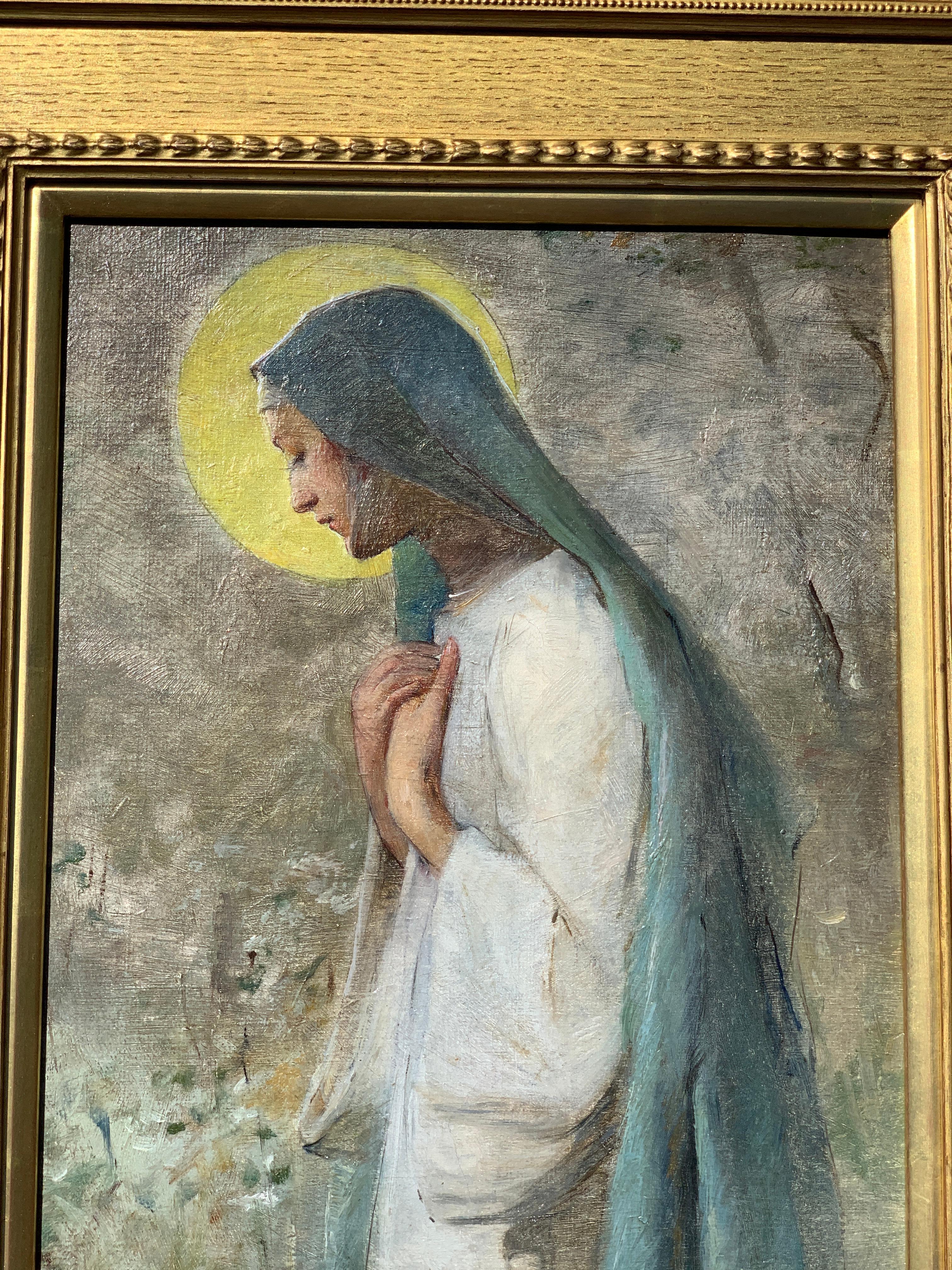 English Victorian Pre-Raphaelite portrait of a Madonna or Religious Nun figure - Painting by Attributed to Thomas Cooper Gotch