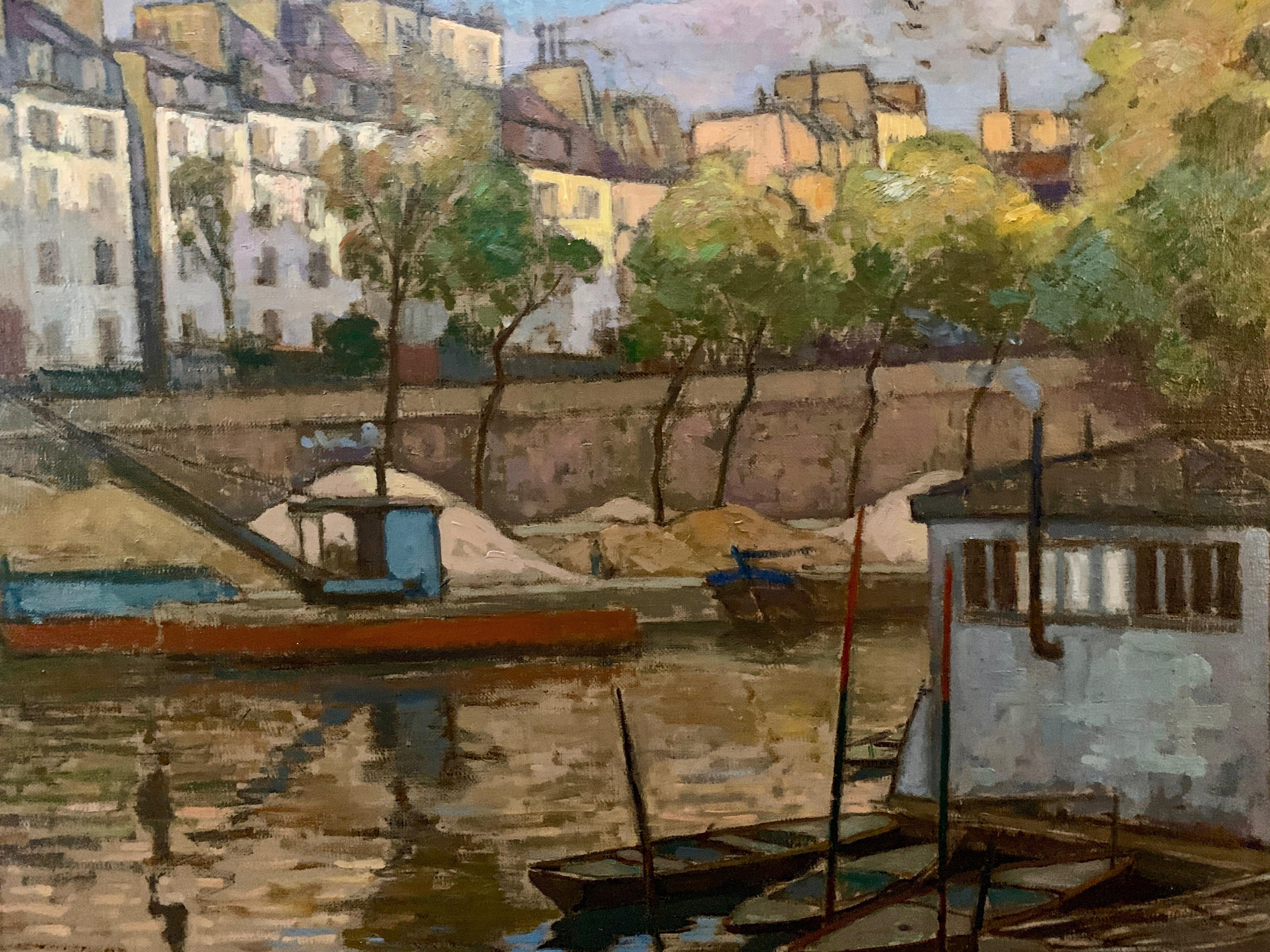 French Early 20th century view from the Seine Paris with an artist barge boat - Painting by Henry Stanford