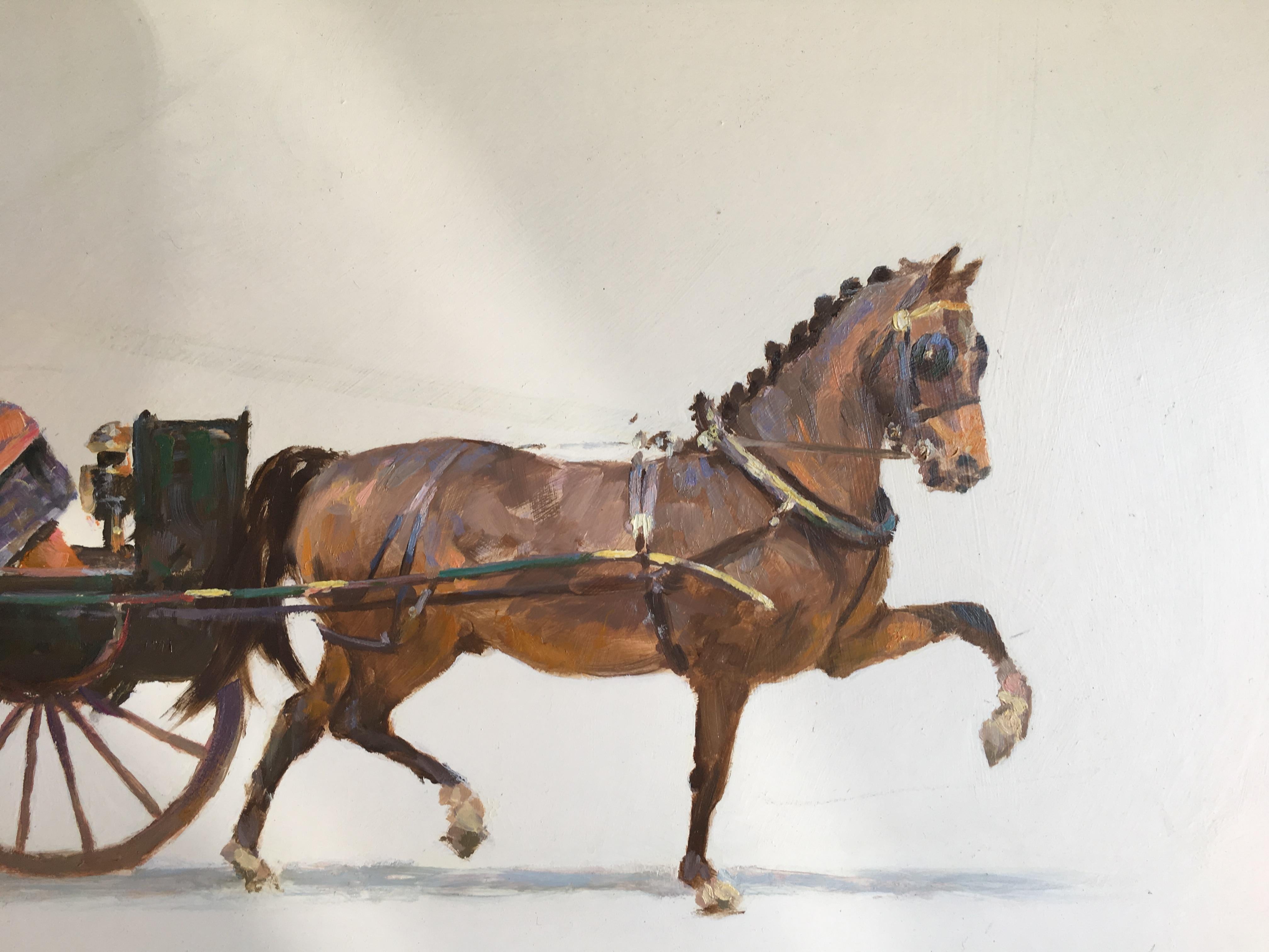 Pareja de escenas impresionistas inglesas de caballos y calesas con conductores - Painting de Jonny Jonas