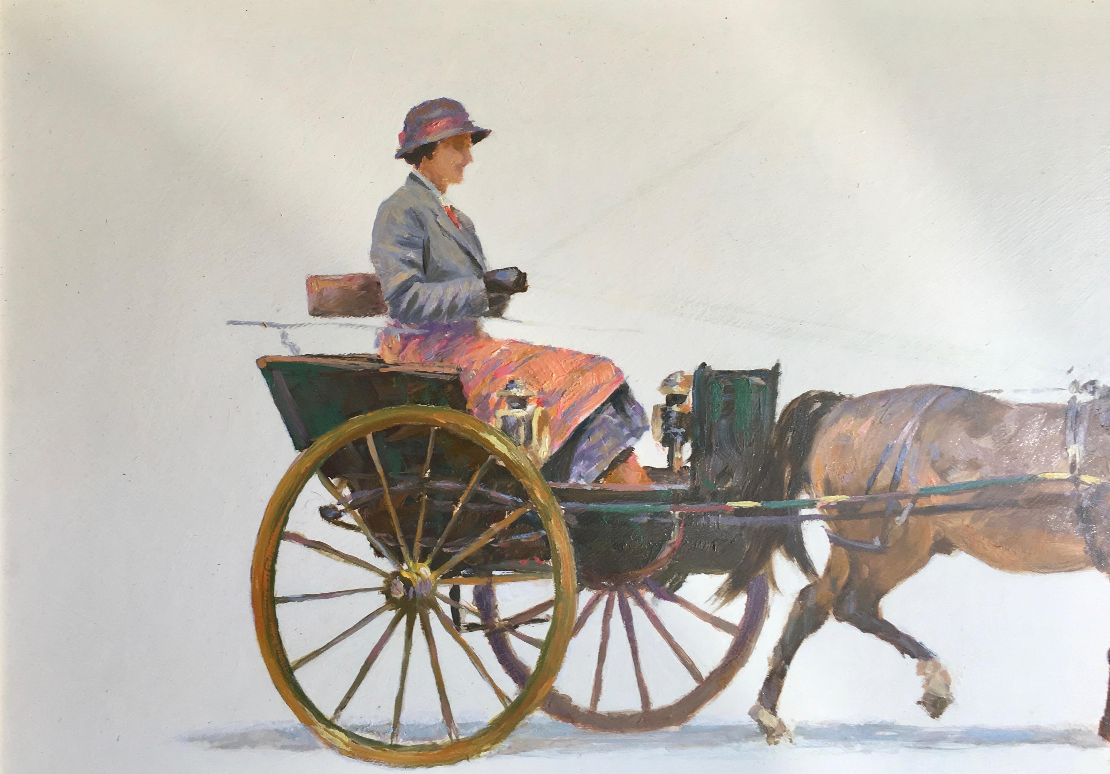 Pareja de escenas impresionistas inglesas de caballos y calesas con conductores - Animal Painting Beige de Jonny Jonas
