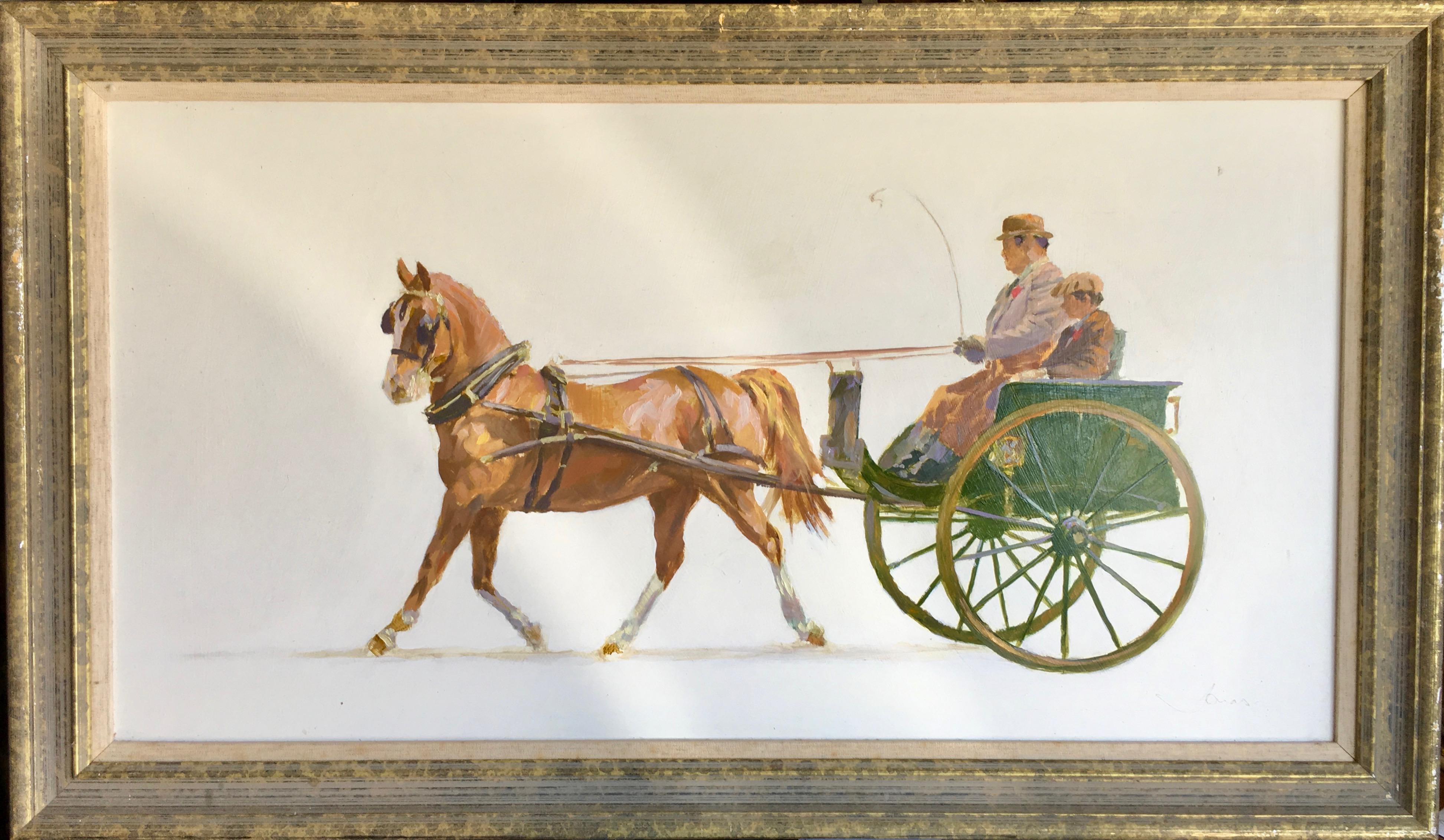 Pair of English Impressionist Horse and Buggy scenes with drivers  - Beige Animal Painting by Jonny Jonas