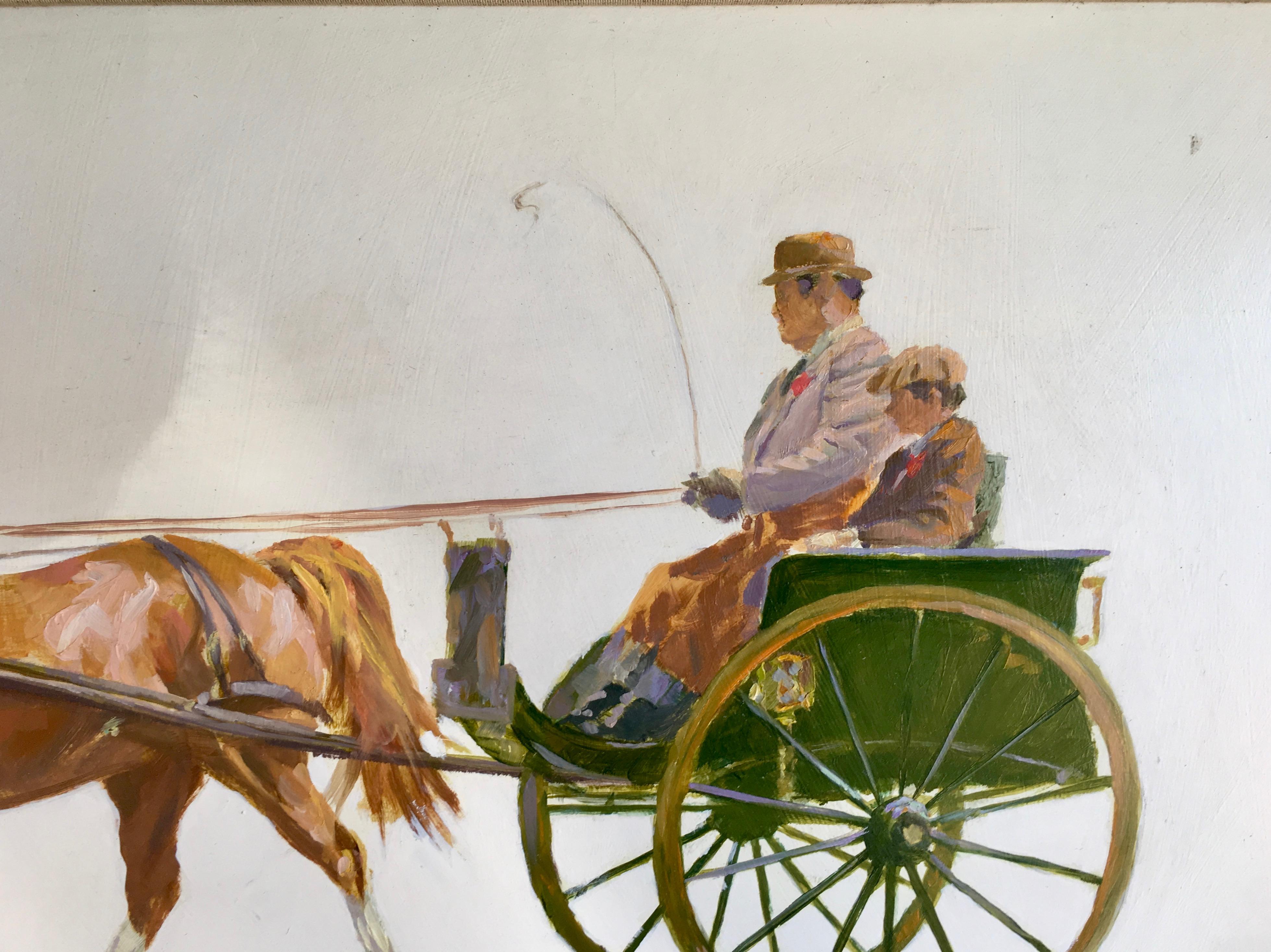 Pareja de escenas impresionistas inglesas de caballos y calesas con conductores en venta 2