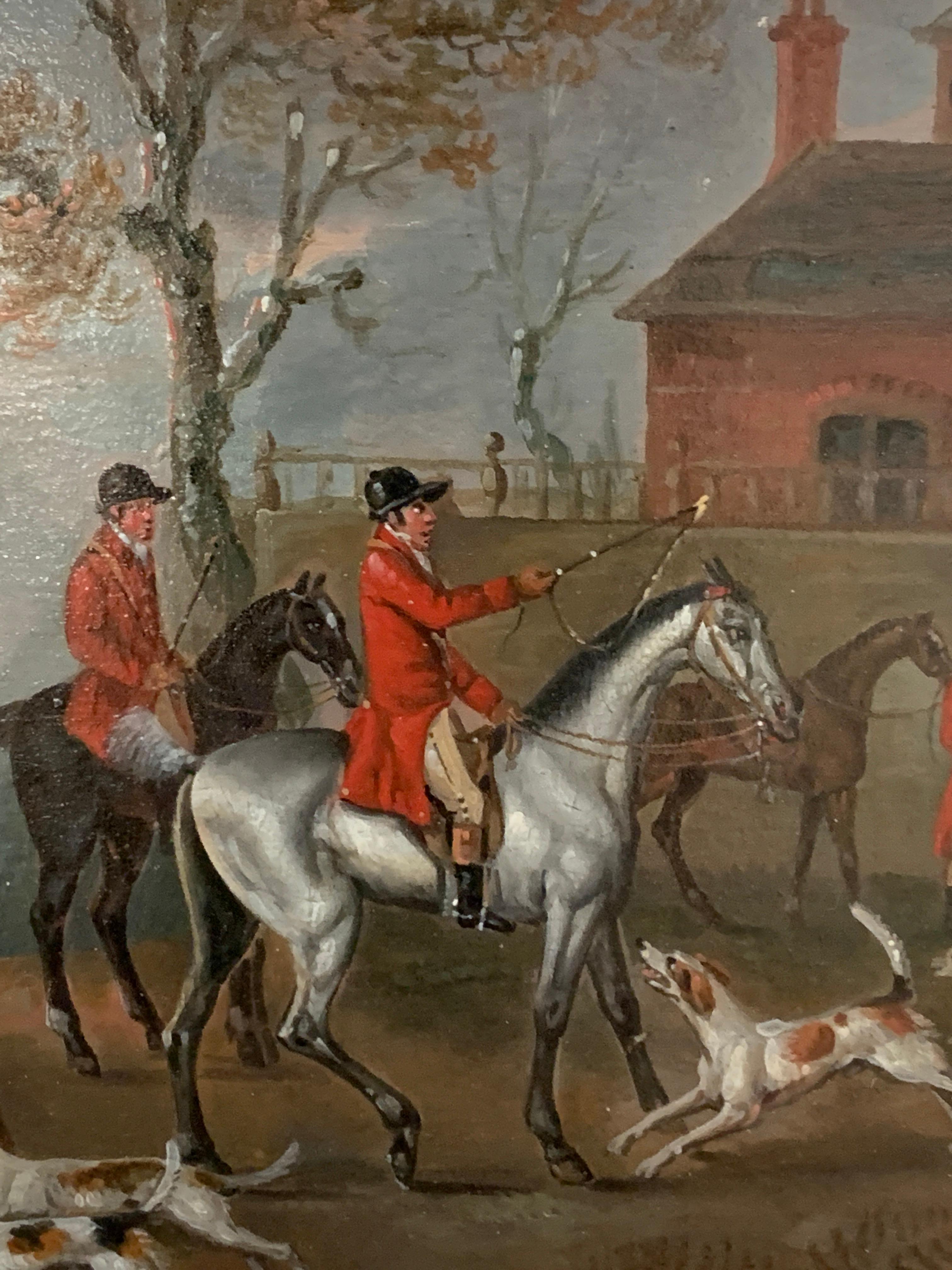 Set of 4 early 19th century Fox hunting landscape with men in red upon horseback 1