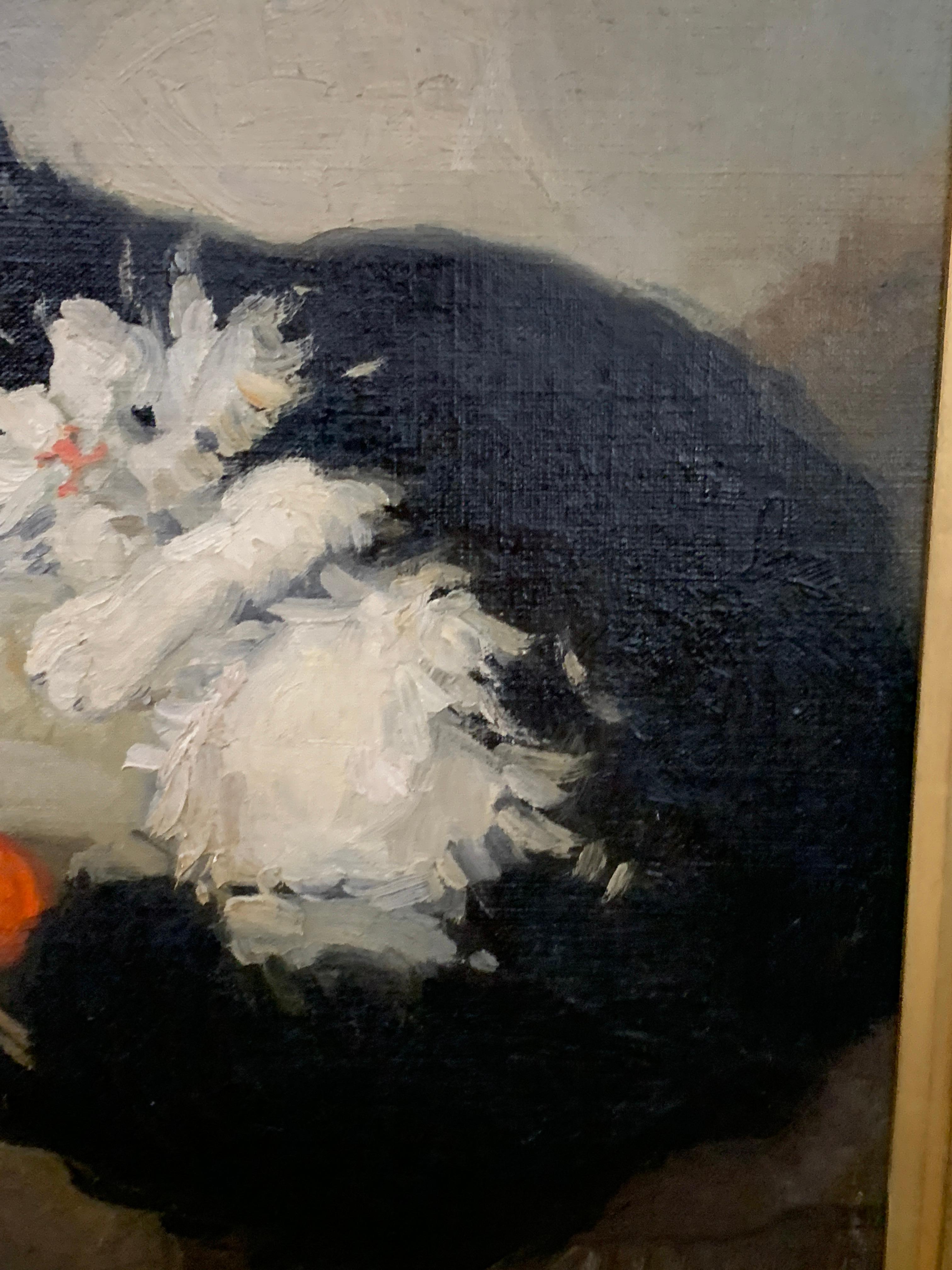 English Impressionist portrait of a black and White cat with orange ball - Gray Animal Painting by Eleanor A Thompson