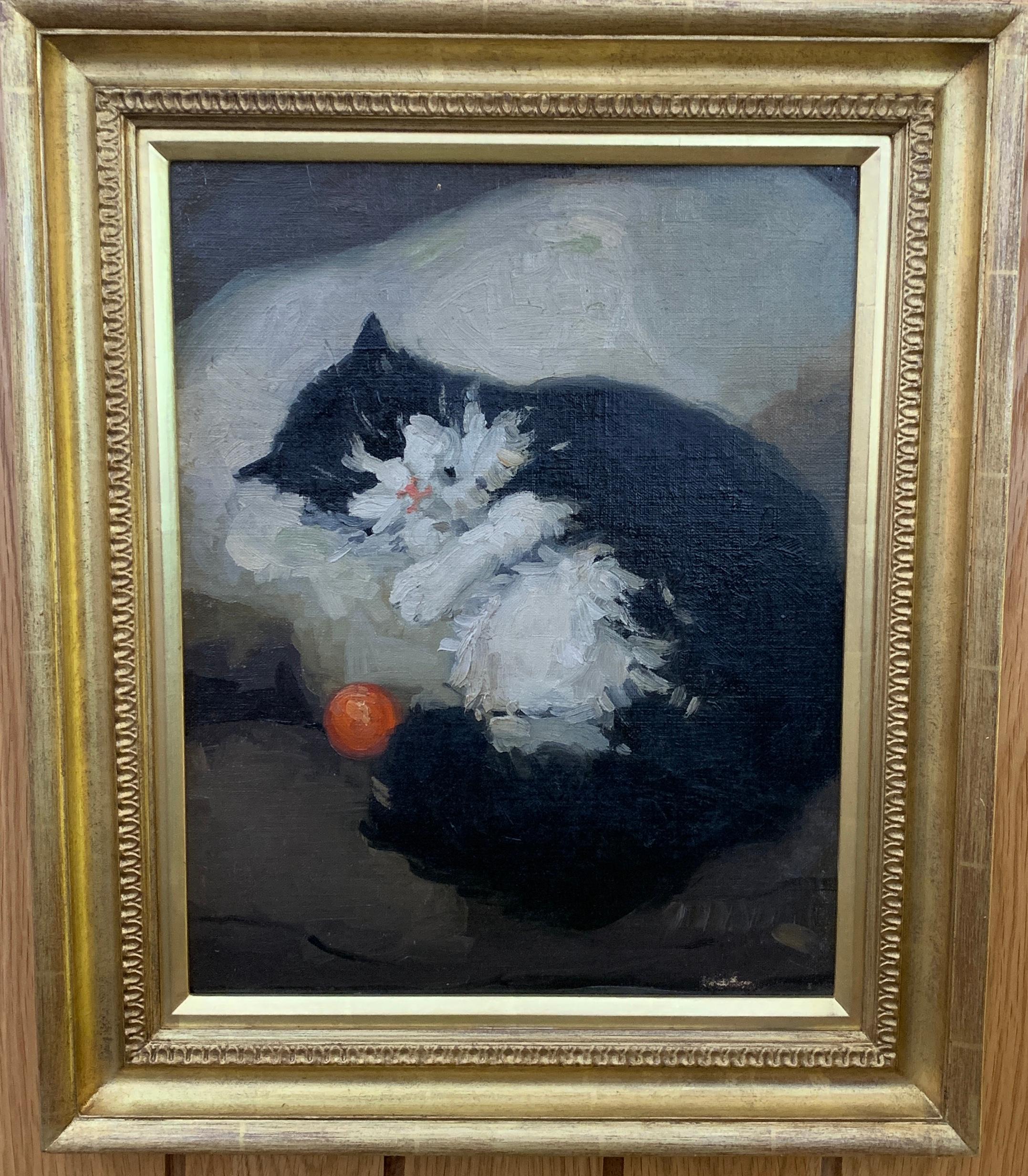 Eleanor A Thompson Animal Painting - English Impressionist portrait of a black and White cat with orange ball