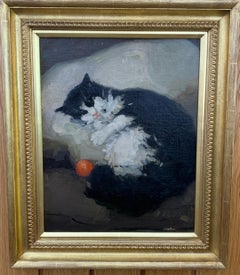 English Impressionist portrait of a black and White cat with orange ball