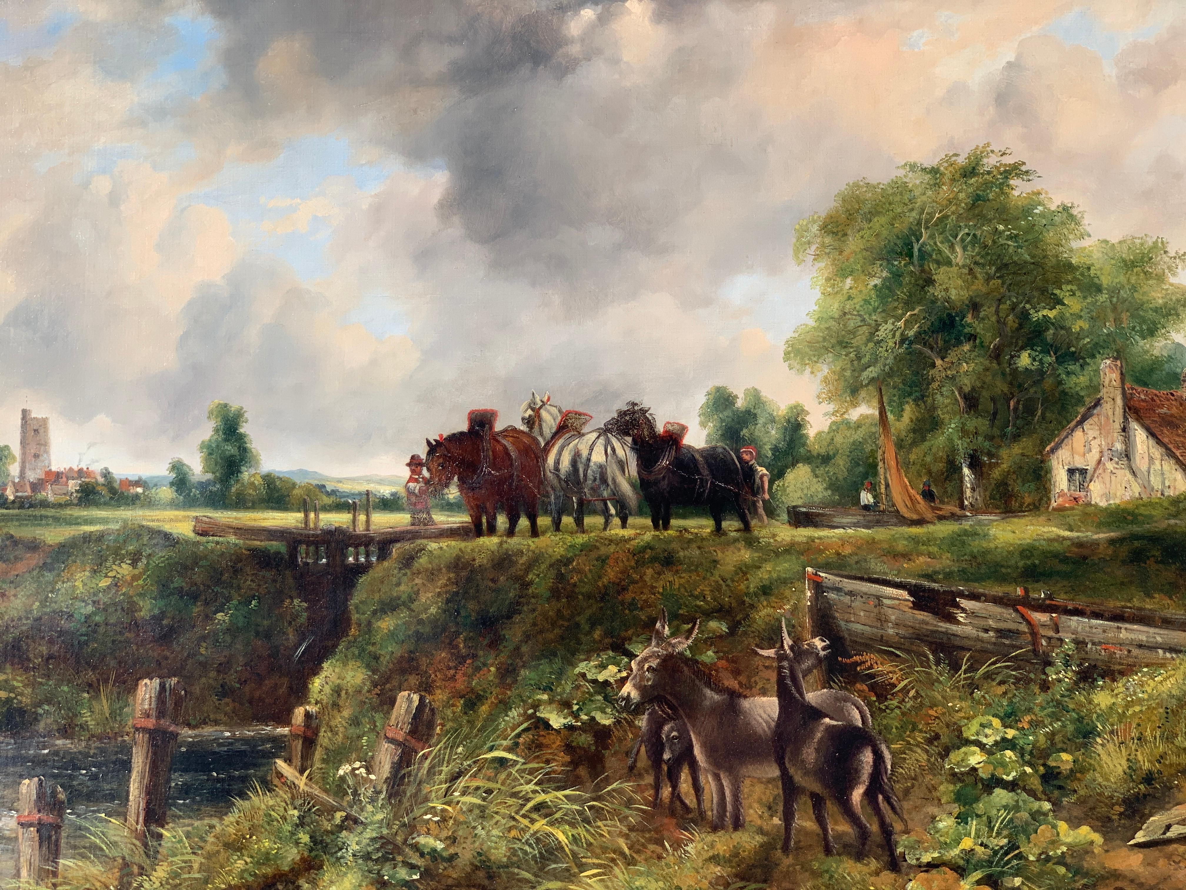 19th century English Victorian landscape of Dedham Lock with horses and donkeys - Painting by Frederick Walters Watts