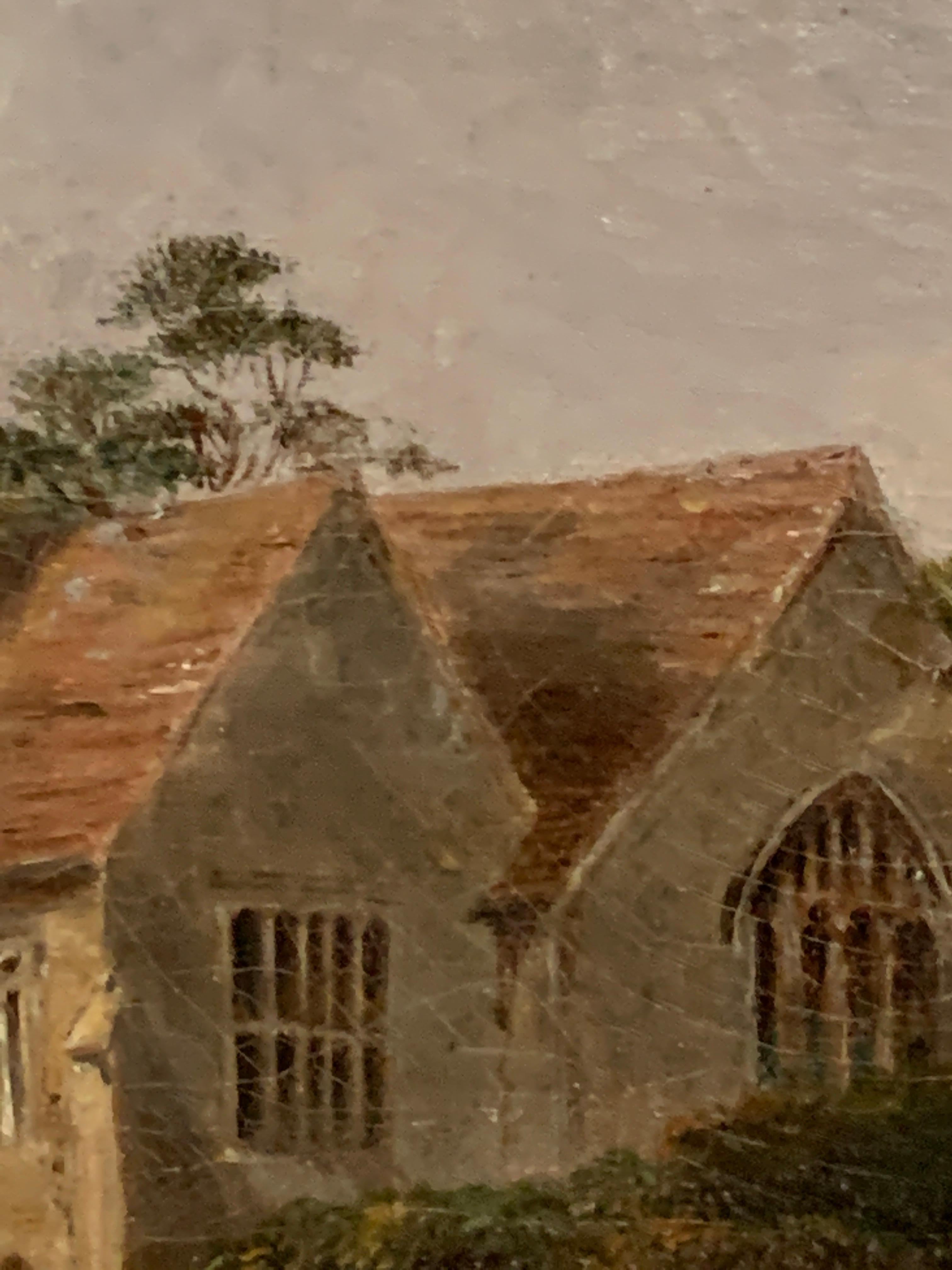 English 19th century Victorian landscape with a Norman Church , sheep and figures - Brown Figurative Painting by J.Danburg