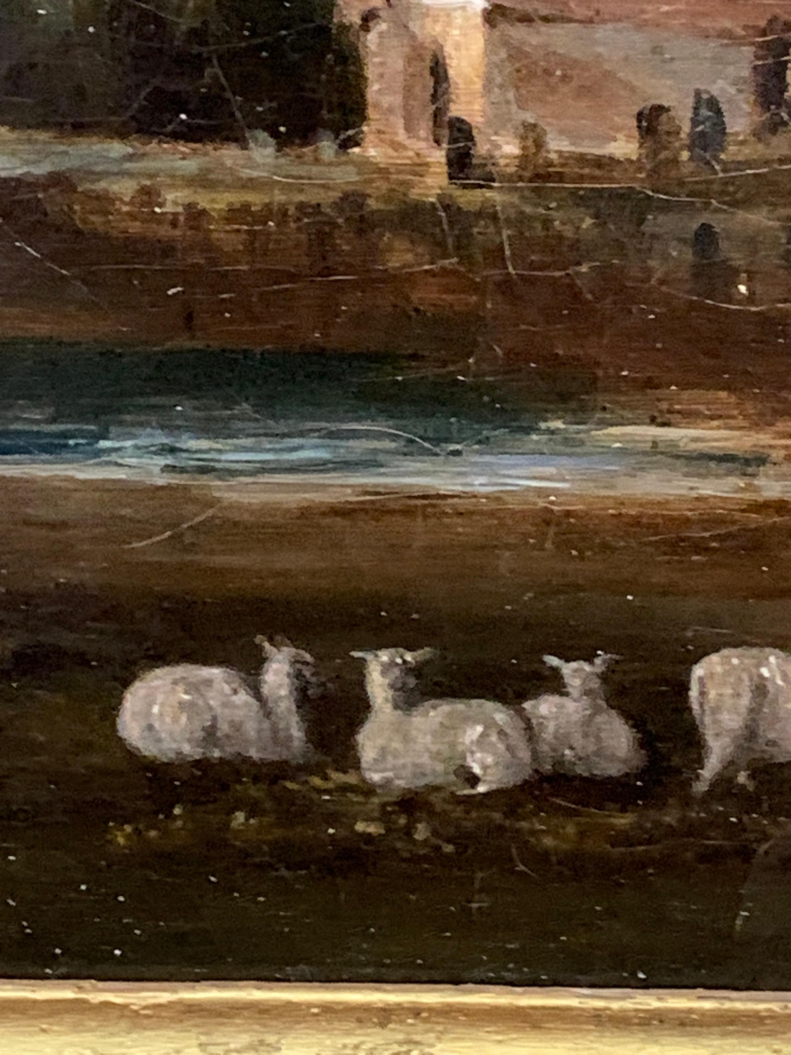 English 19th century Victorian landscape with a Norman Church , sheep and figures 2