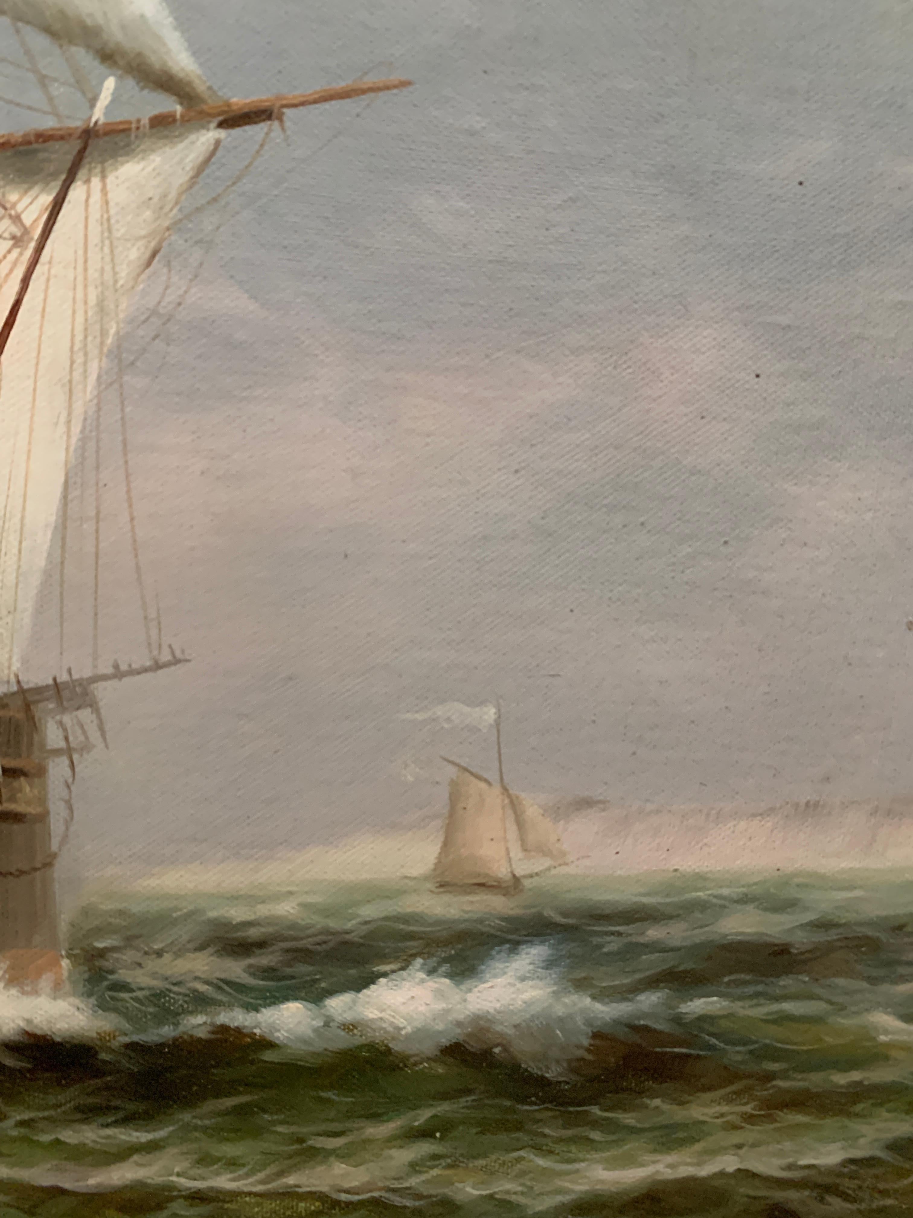 19th century style American tea clipper-sailboat at sea with a landscape beyond. 1