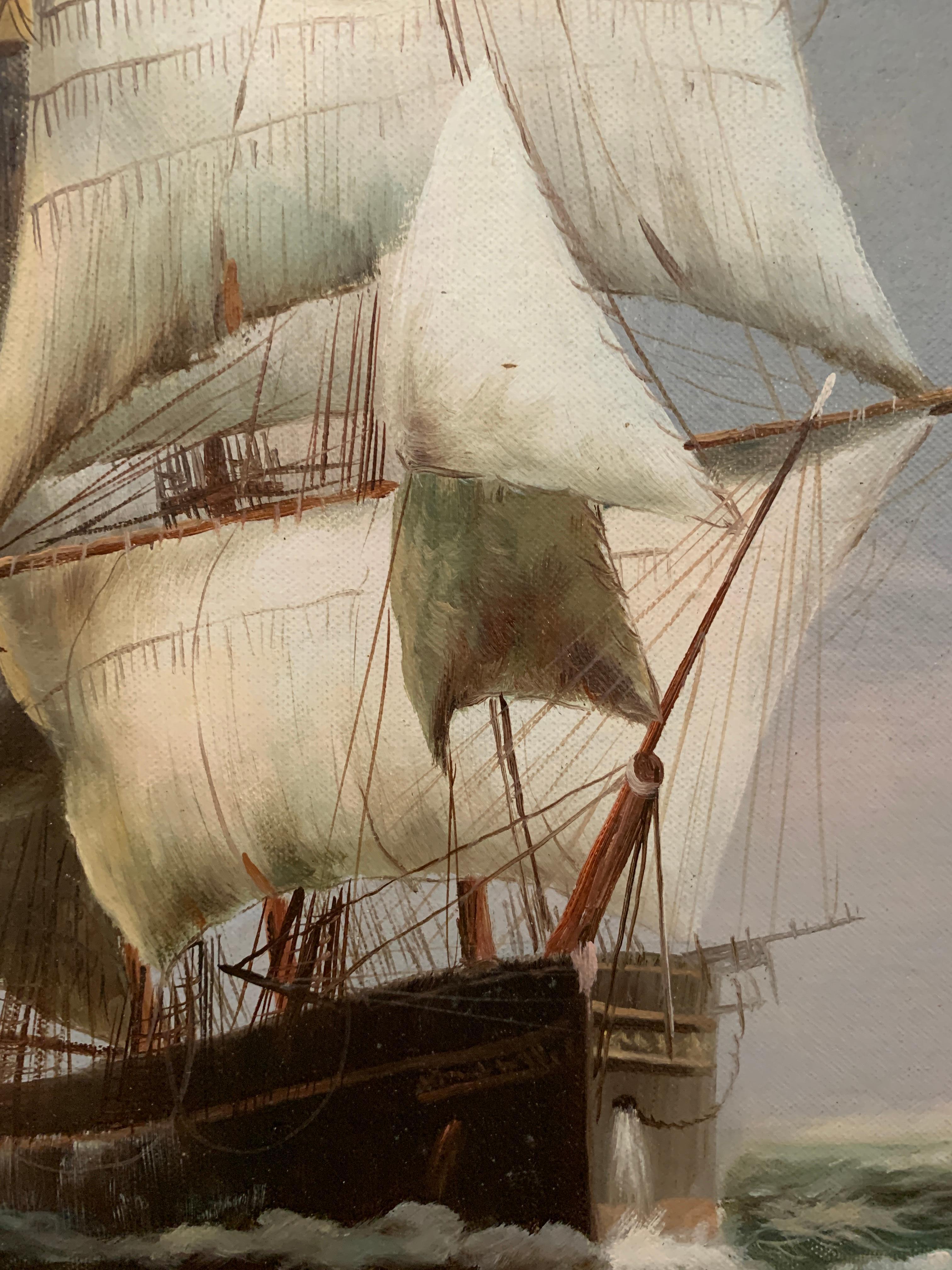 19th century style American tea clipper-sailboat at sea with a landscape beyond. 2