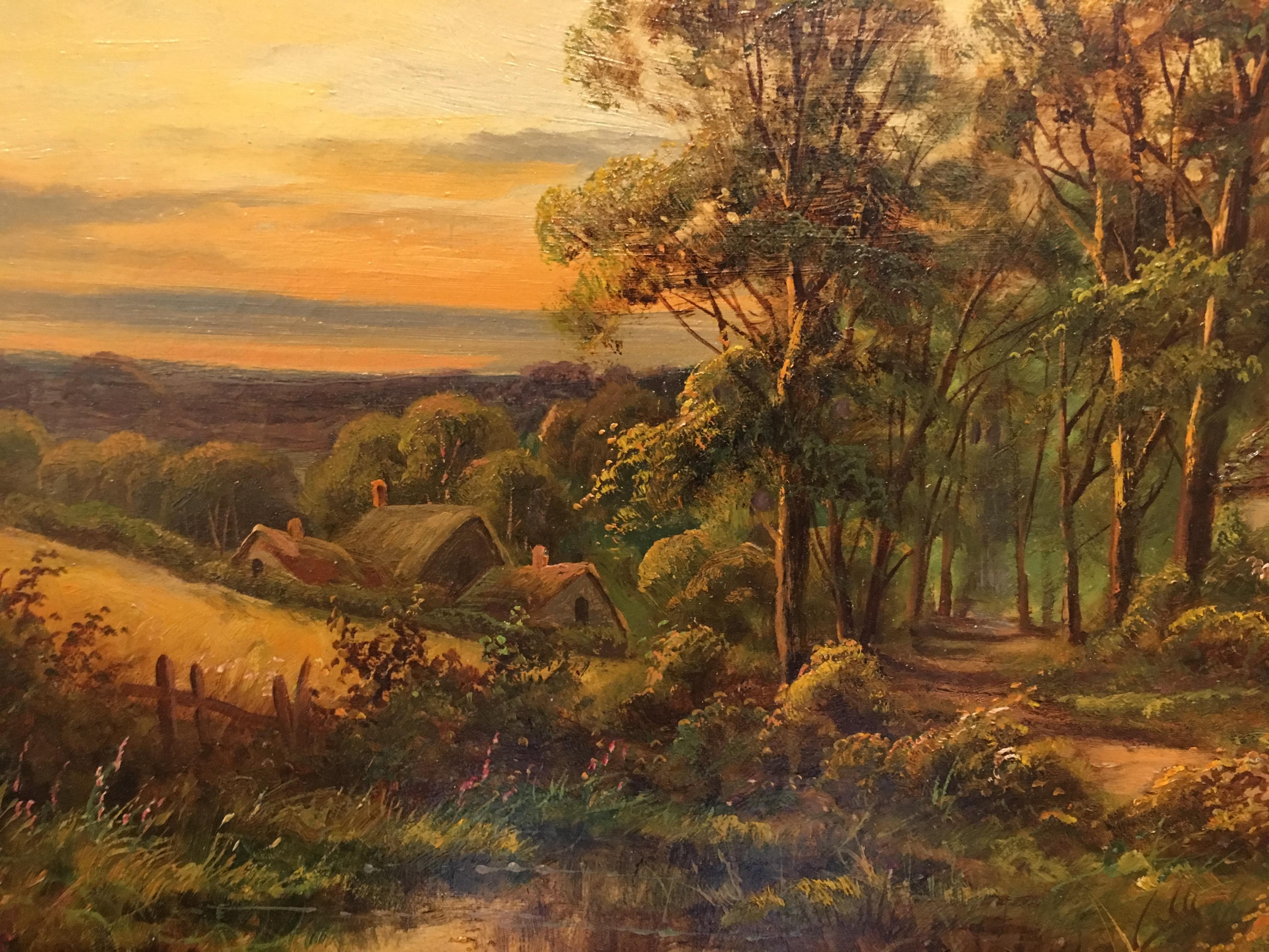 English 19th century Cottage landscape with woman and geese with the setting Sun - Painting by Montgomery Ansell