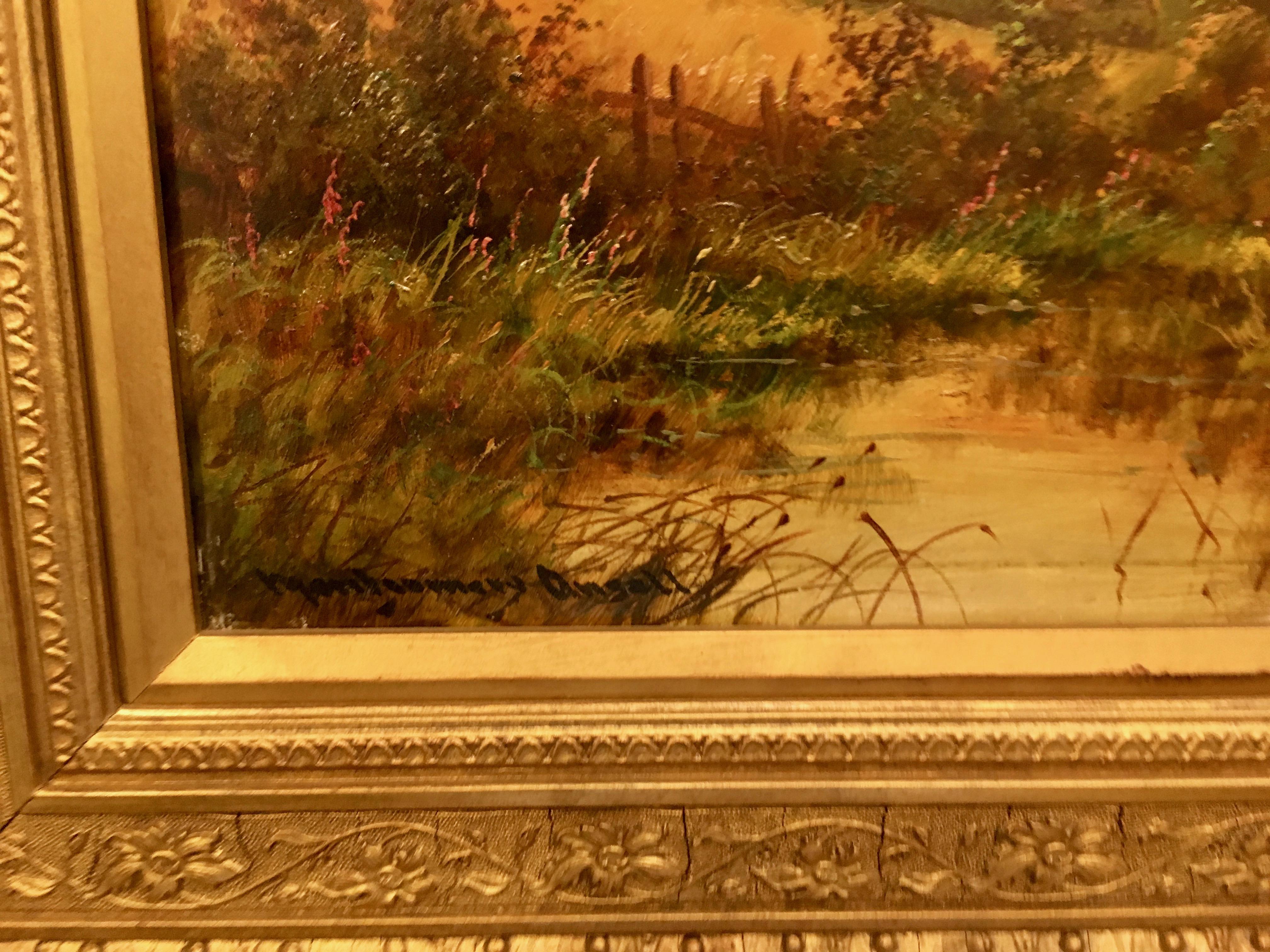 English 19th century Cottage landscape with woman and geese with the setting Sun - Victorian Painting by Montgomery Ansell