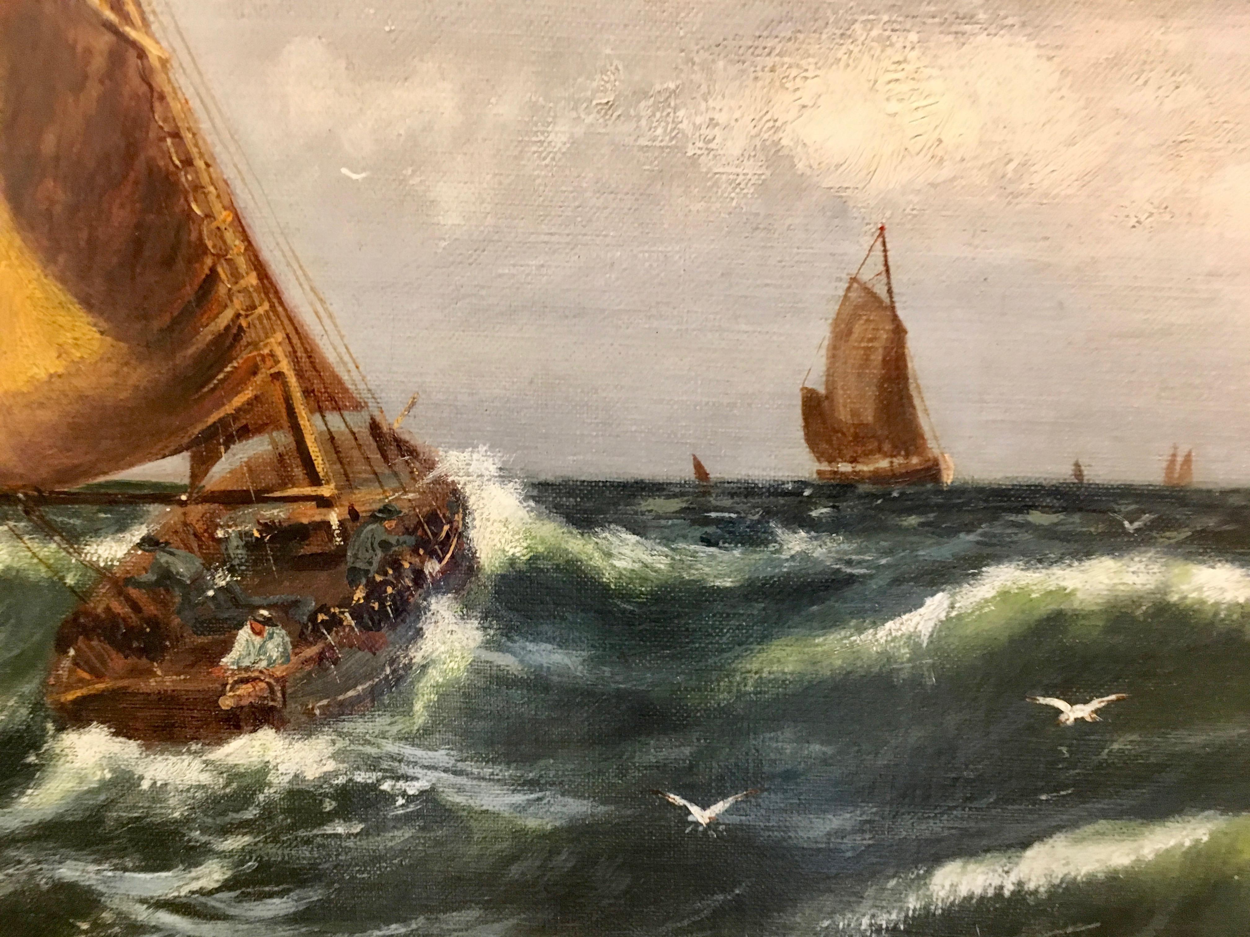 English Victorian 19thC  Antique fishing boats at sea off the coastal landscape. - Brown Figurative Painting by John Fox
