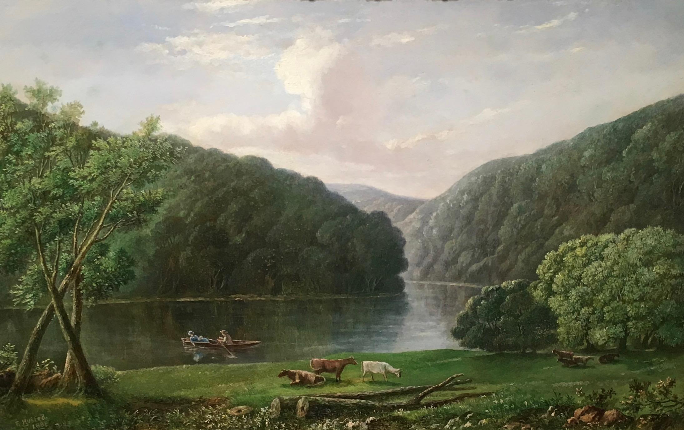 Pair of English Victorian 19th-Century Antique river landscapes with cows, near the Wye Valley, and Tintern Abby, famous places in the British landscape. 

F.Husted was an English 19th-century landscape painter. He worked throughout the Uk painting