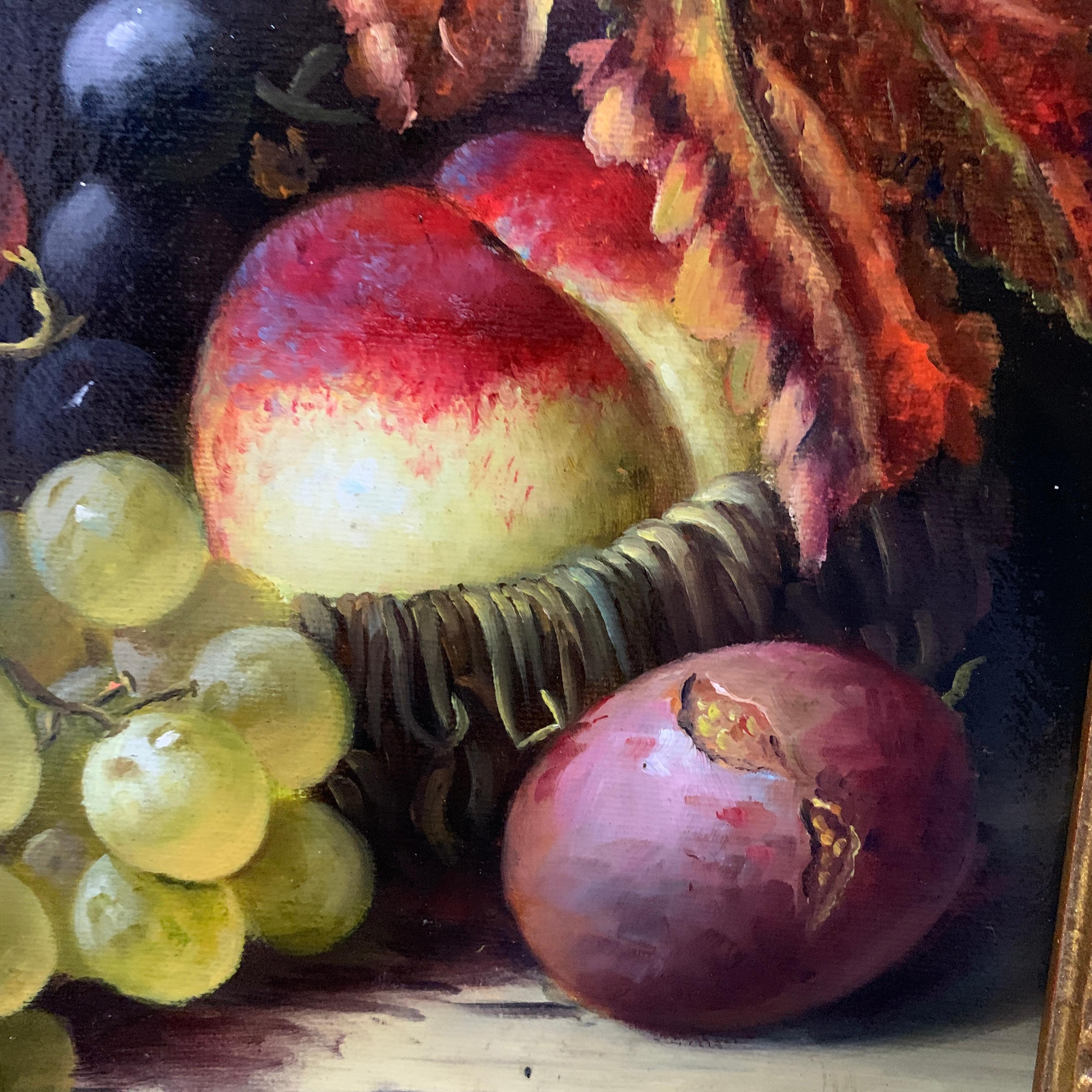 Still life of grapes, plumbs, peaches and Delft vase, gray green brown - Victorian Painting by A. der Van