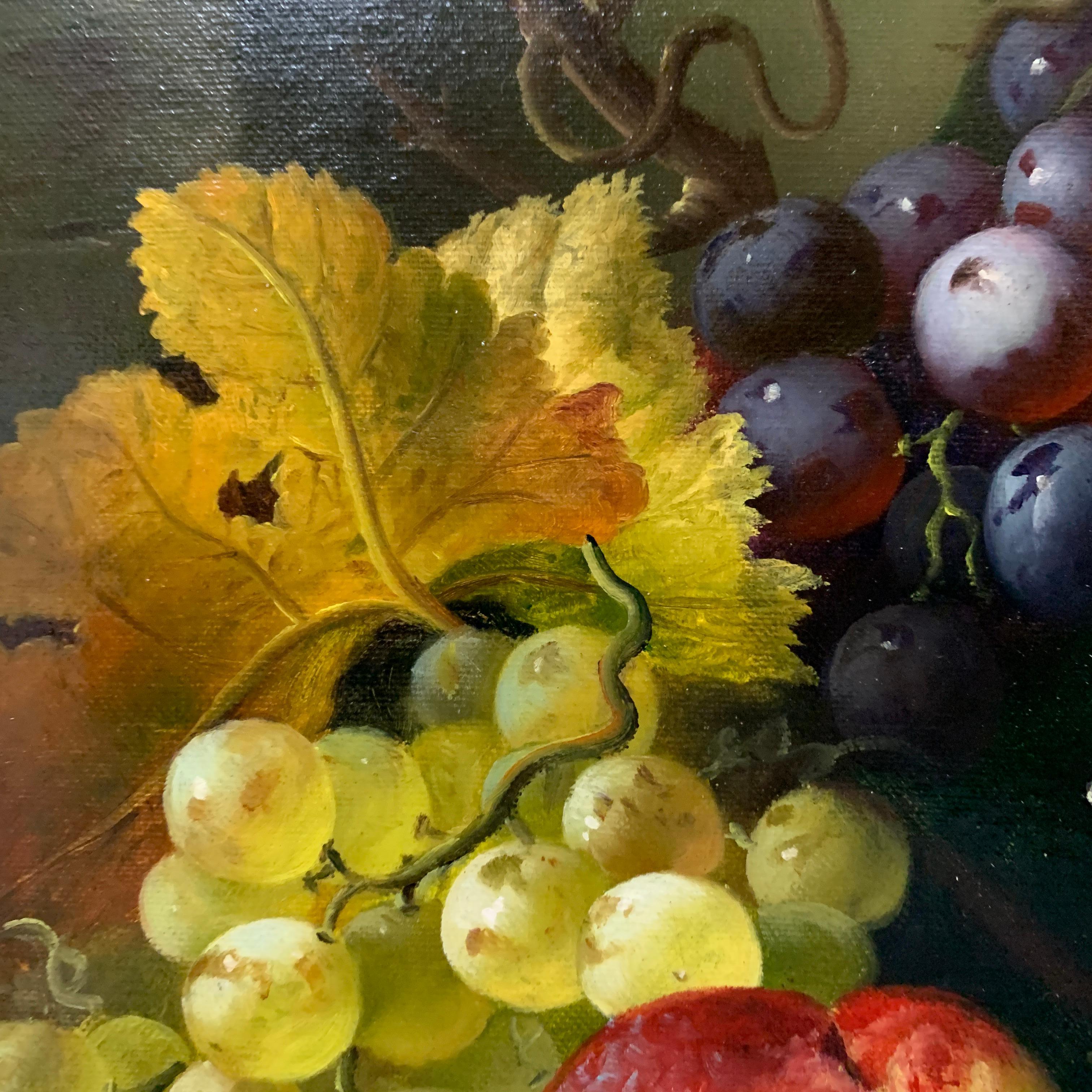 Still life of grapes, plumbs in a silver dish, peaches and gray green brown - Victorian Painting by A. der Van