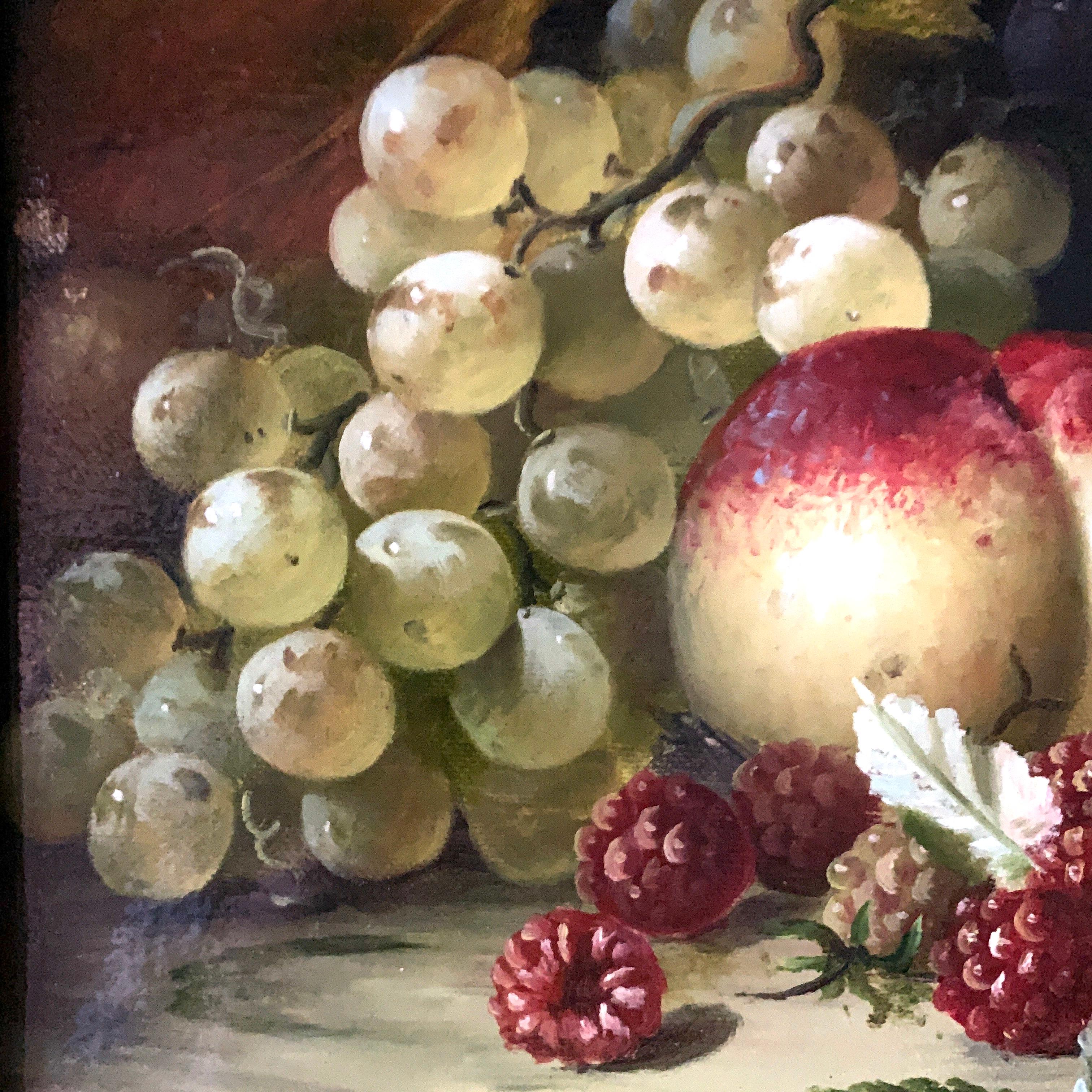Still life of grapes, plumbs in a silver dish, peaches and gray green brown - Painting by A. der Van