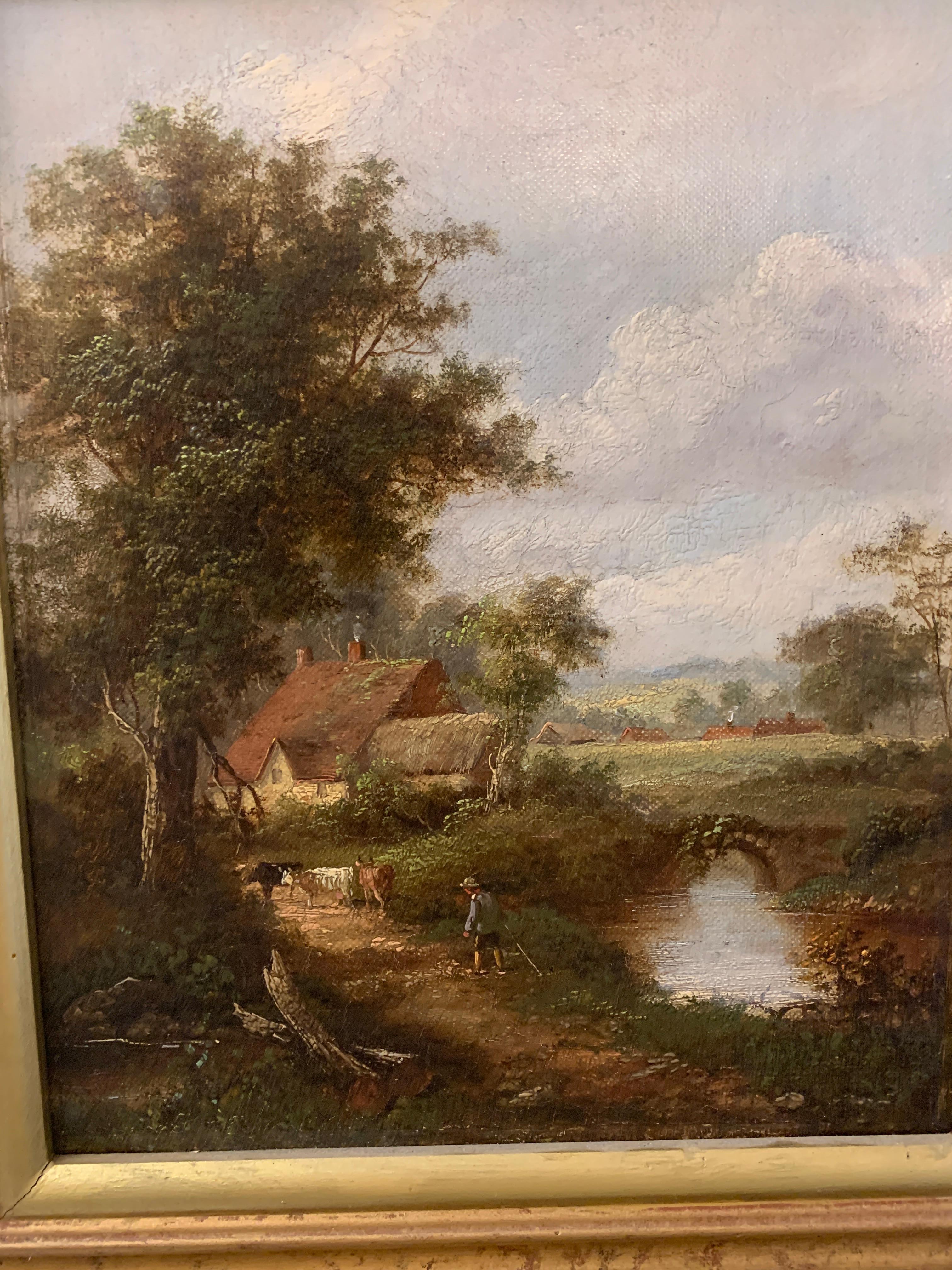 A wonderful pair of English Antique landscapes with men fishing, cottages, cattle and a herdsman walking home. 

W.Yates was an English landscape painter from the latter part of the 19th century. 

He mostly painted in the south and Midlands part of