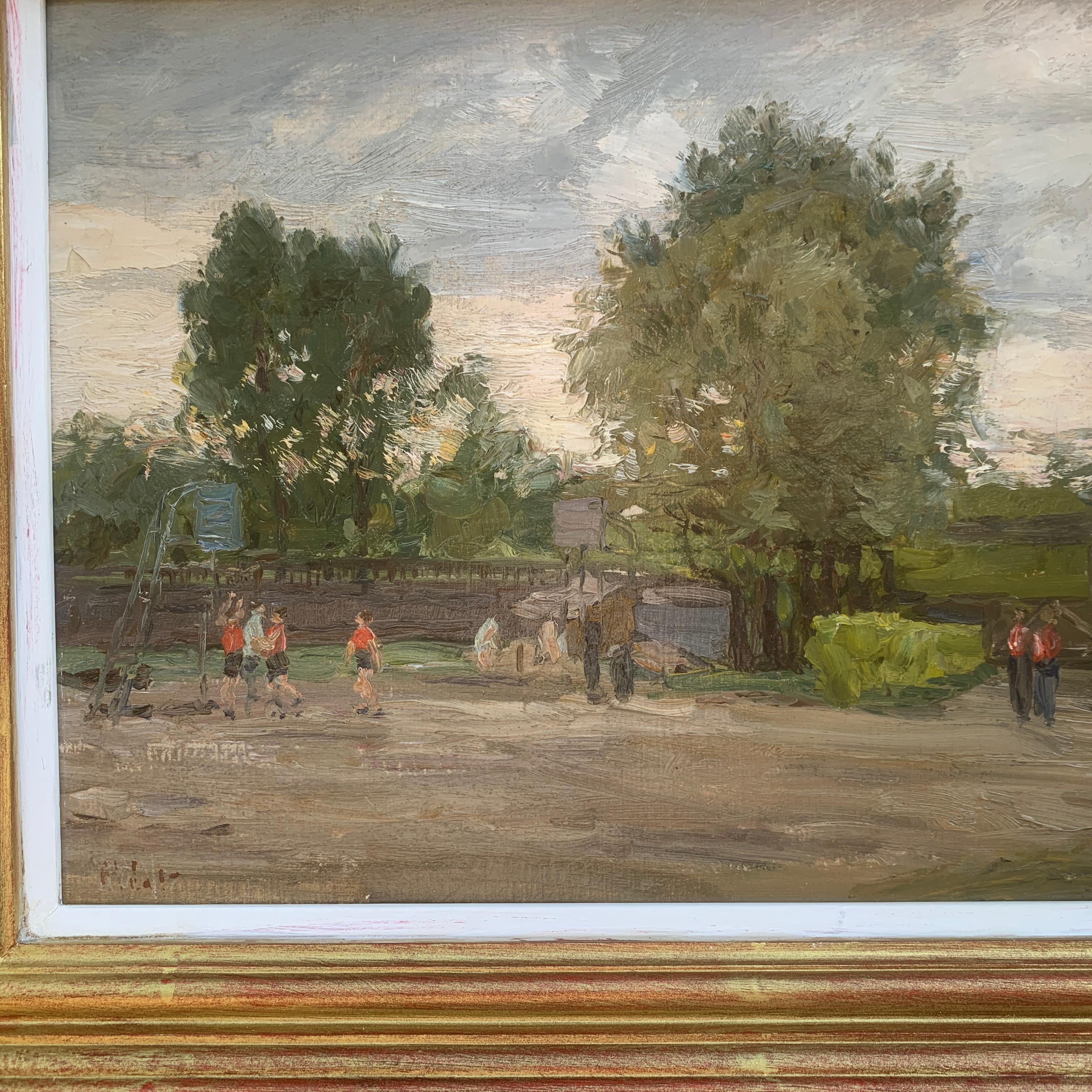 French Impressionist landscape the South of France, with children playing  - Painting by Henri Albert