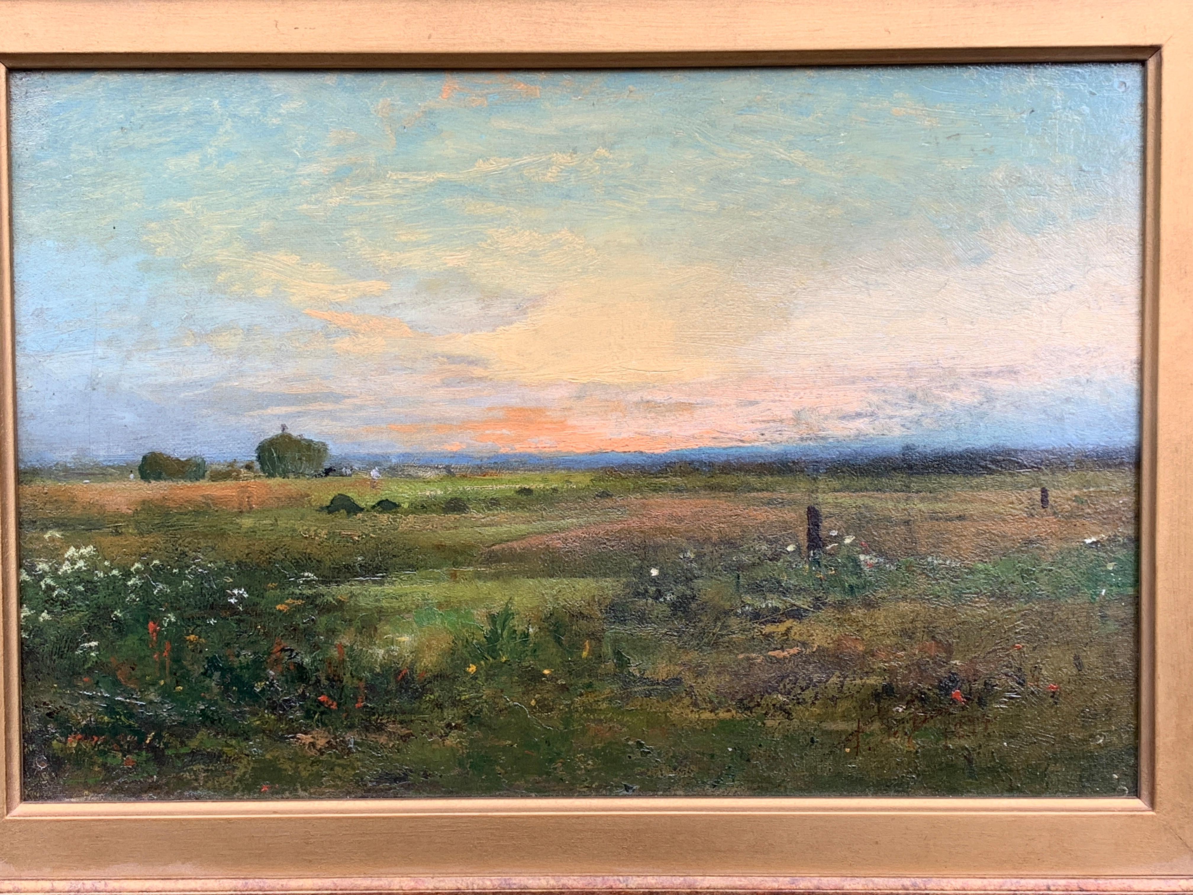 French 19th century Impressionist sunset landscape, with wild flowers in a field - Painting by F de Brenah