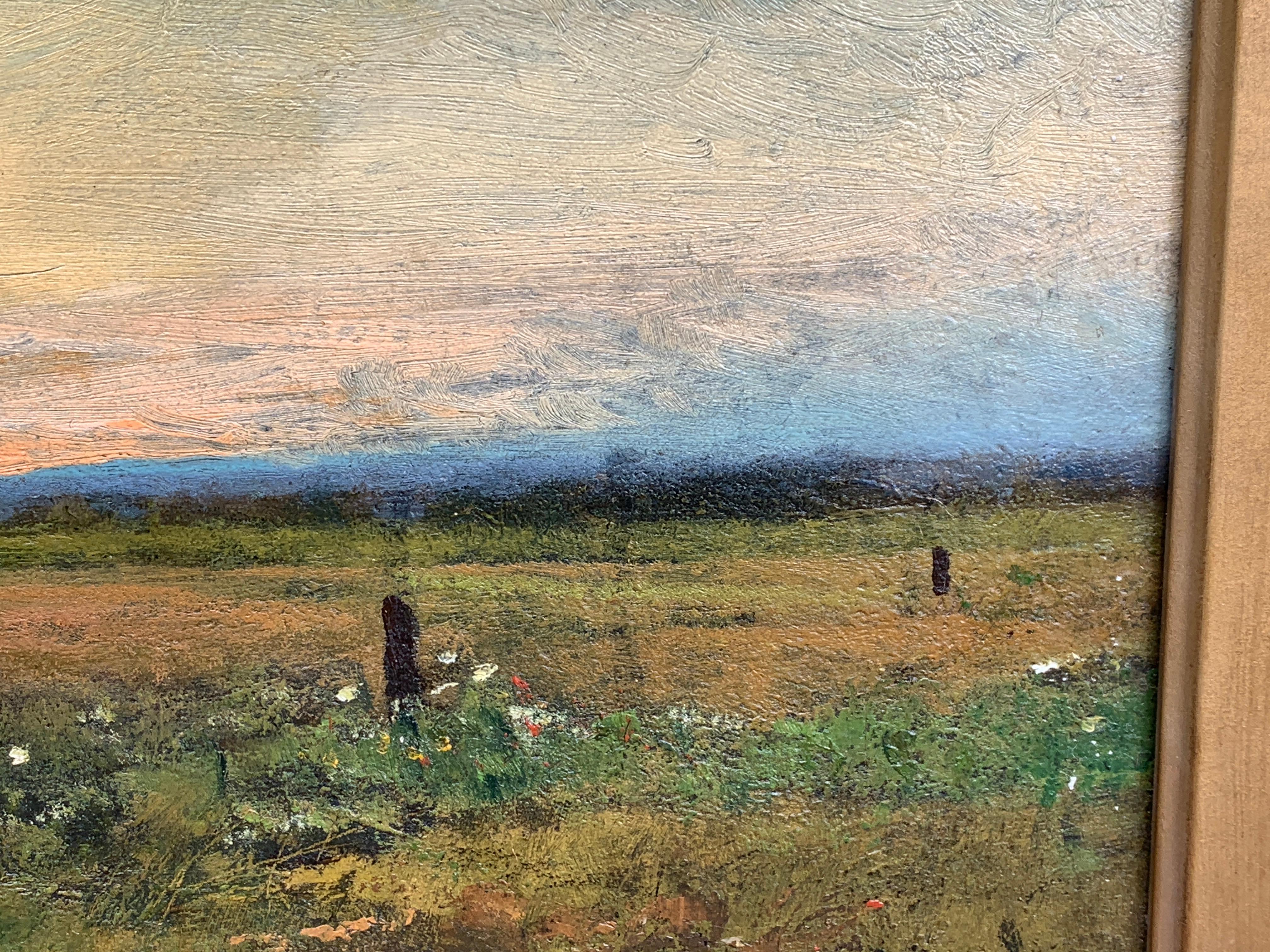 French 19th century Impressionist sunset landscape, with wild flowers in a field - Brown Landscape Painting by F de Brenah