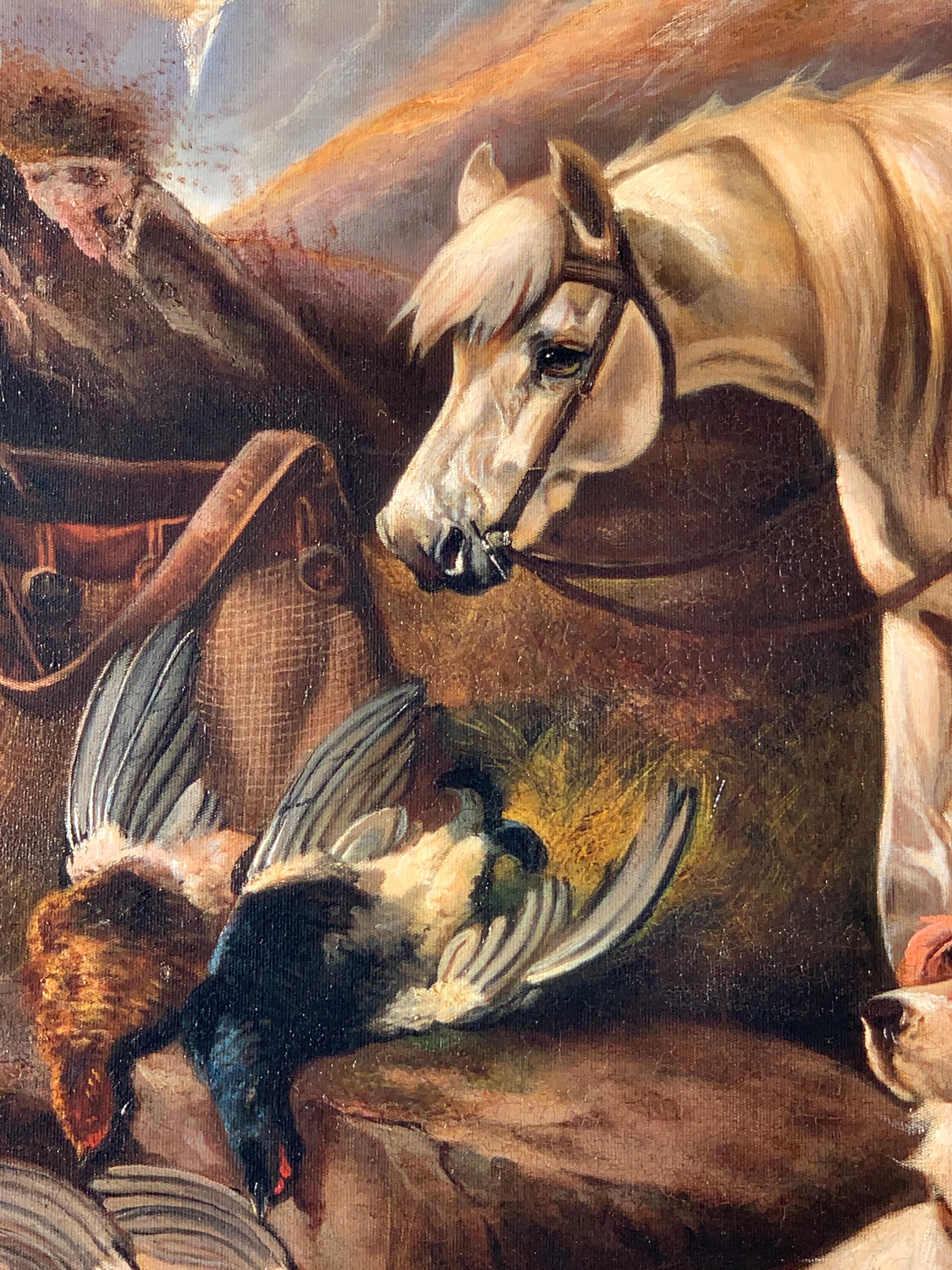 Schottische Hochland-Landschaftsszene mit  English Setter Jagdhunde, die Tagesbeute und Red Grouse, nach einem Jagdtag.

M. Fawcett war ein Pseudoname für Robert Cleminson, einen bekannten viktorianischen Tier- und Sportmaler. Er benutzte während