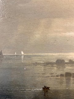 Night time sea scape with landscape and moonlight, with fishing boats at sea.