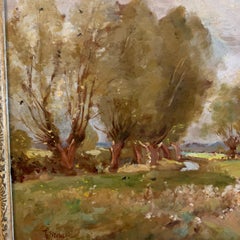 English Landscape, Impressionist landscape with horse and figures by a canal