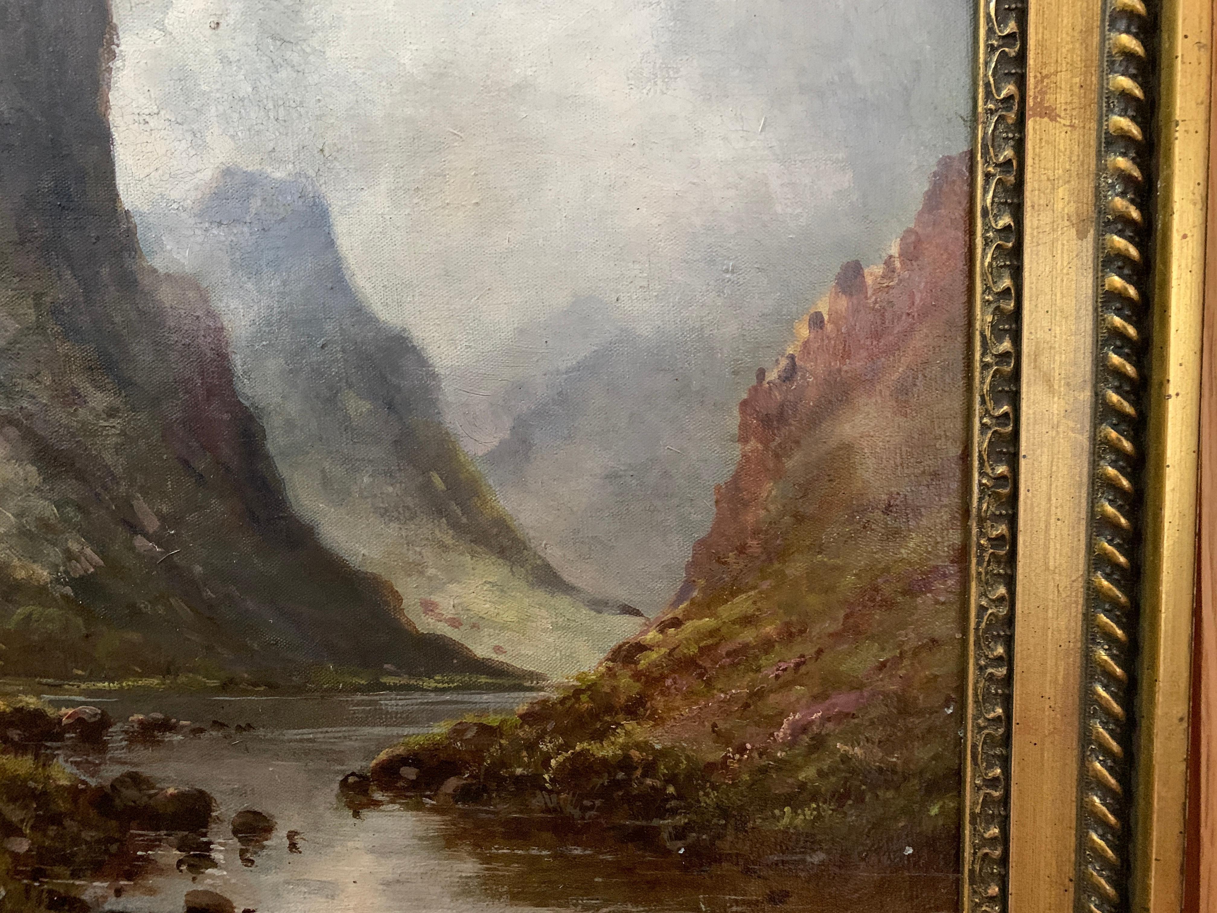 Scottish or Welsh 19thC Highland River landscape, with heather and Aspen trees 1
