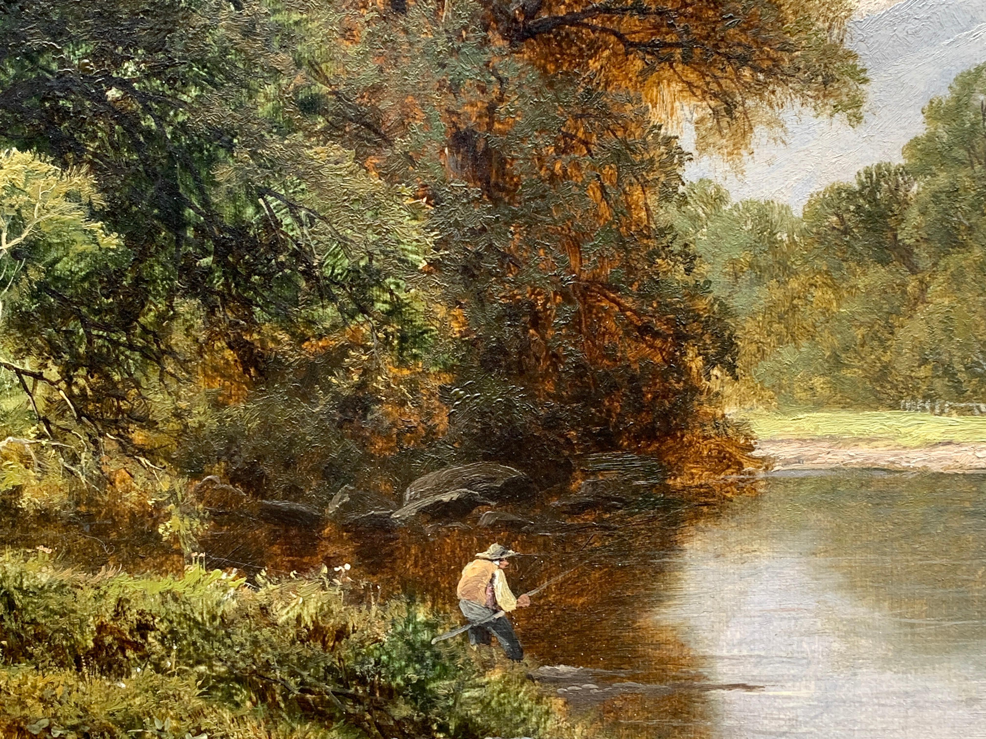English River Landscape with fisherman, 19th century, in Dolgellau, North Wales - Victorian Painting by Thomas Stanley Barber