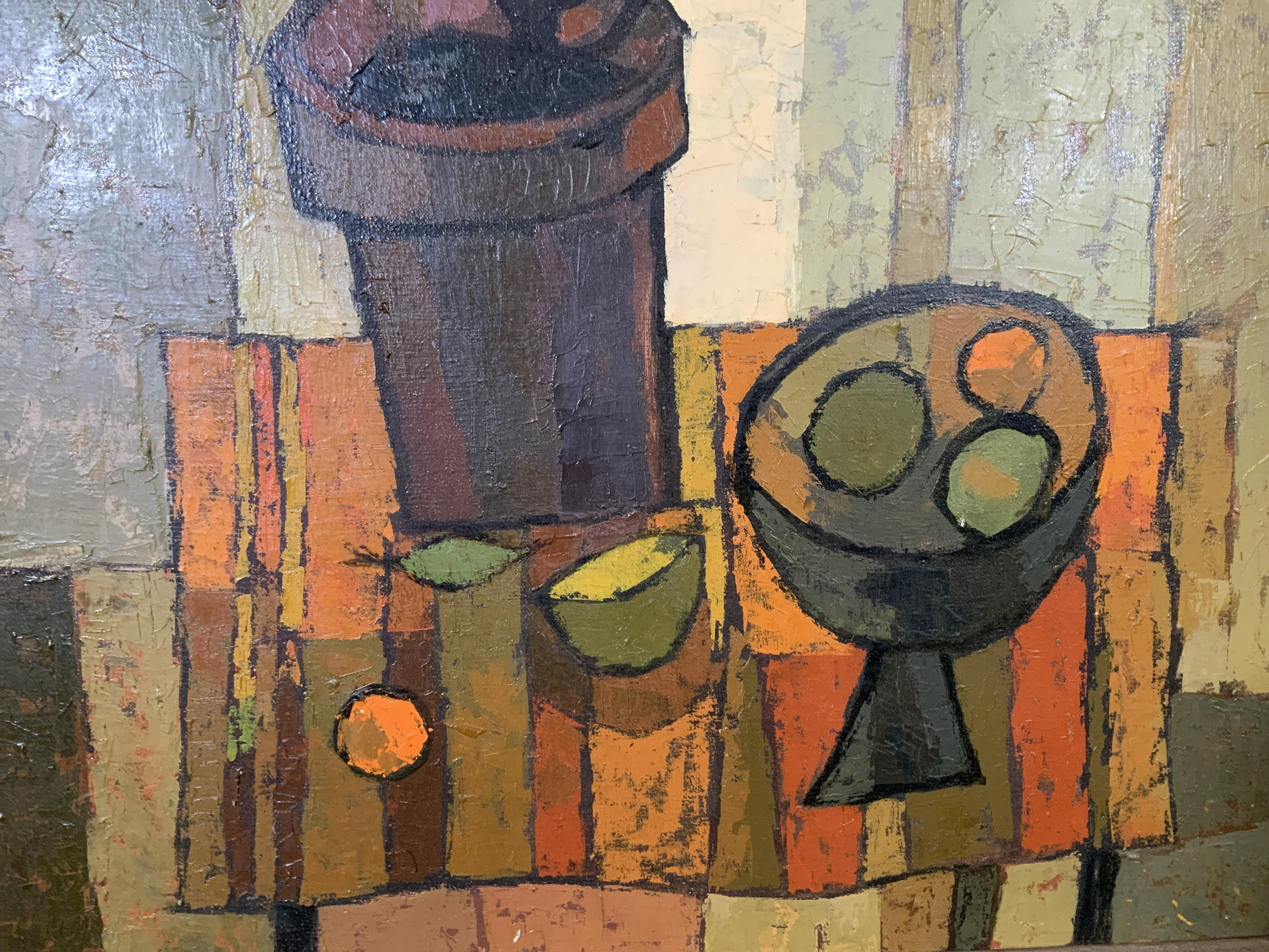 Mid Century Cubist Still life of flowers, fruit, orange table cloth 1960's - Orange Abstract Painting by Mel Fowler