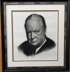 Pastel portrait of Sir Winston Churchill, in black chalk on white paper