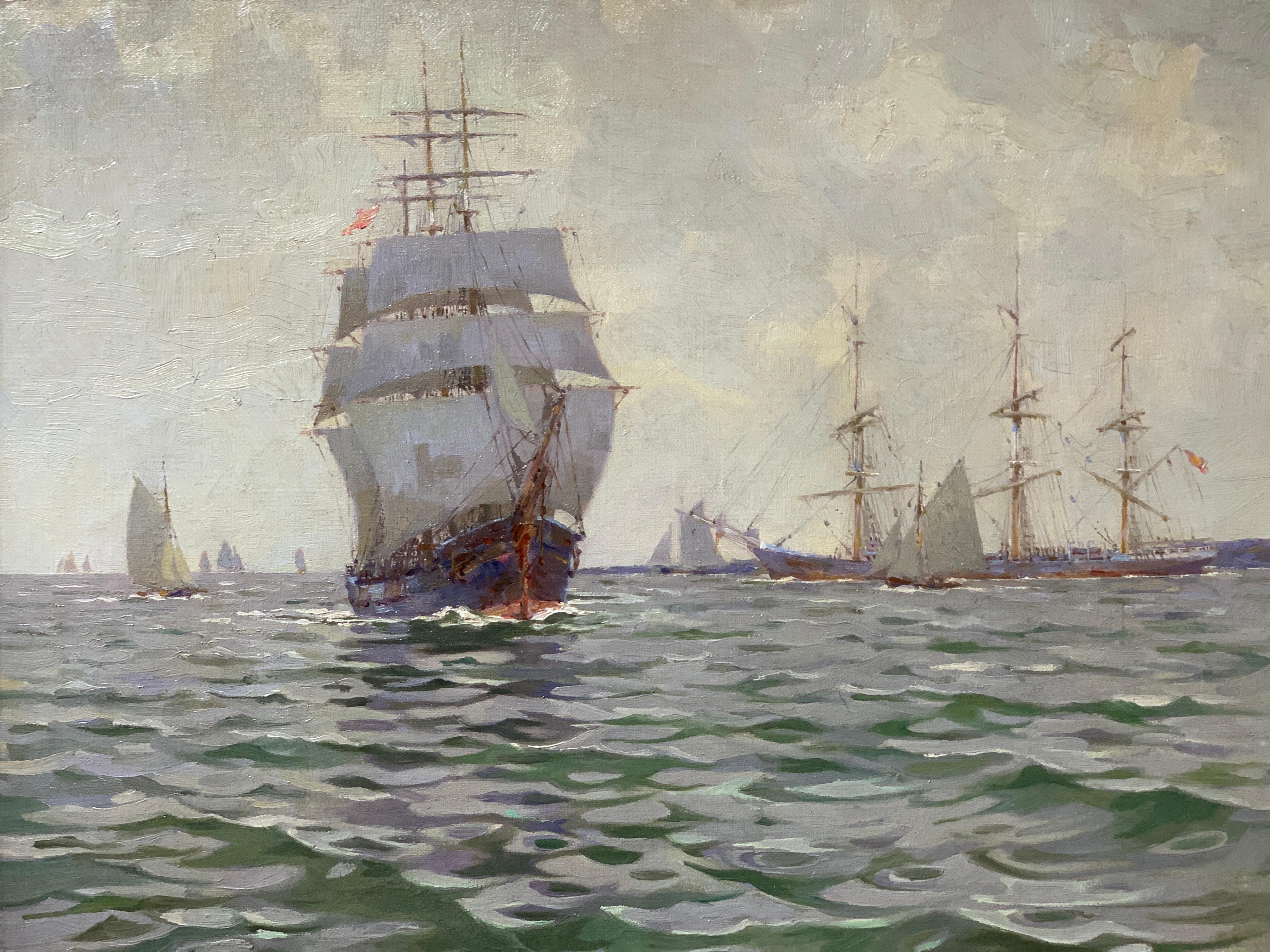 English 20th century Impressionist marine scene with yachts, sailing boats,  - Painting by Walter Frank Kelsey