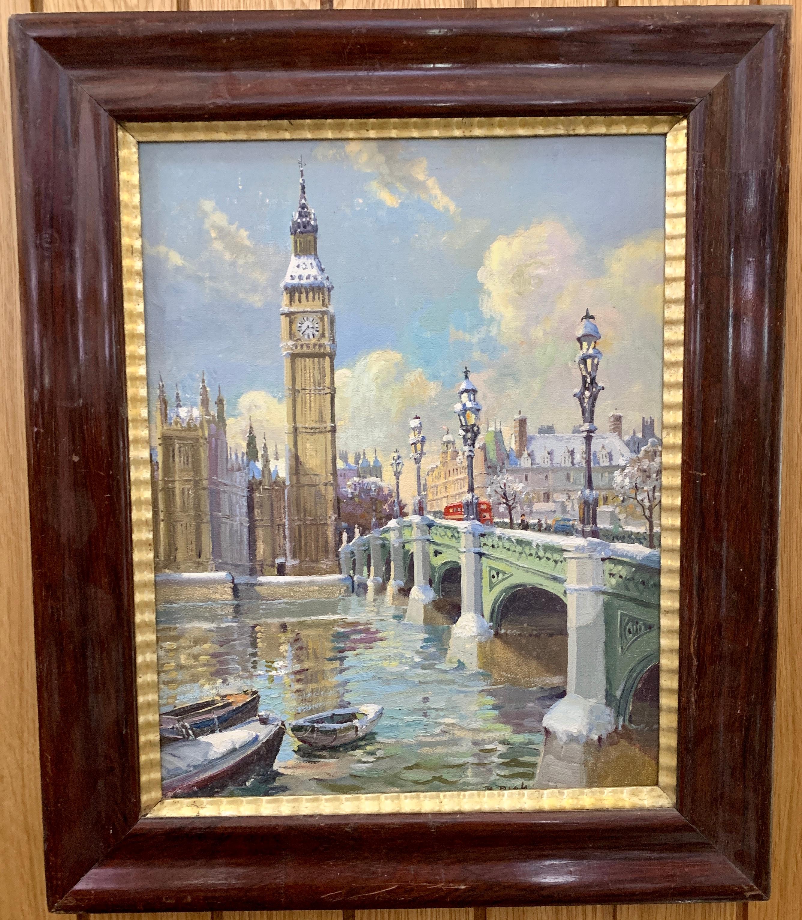 Bert Pugh Landscape Painting - Big Ben in London with London Bridge in the snow, by the River Thames, England