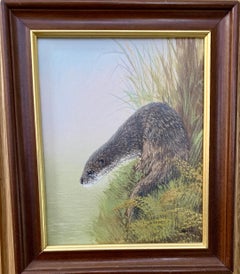 Portrait of an English Brown and White Otter, on the banks of a River Landscape