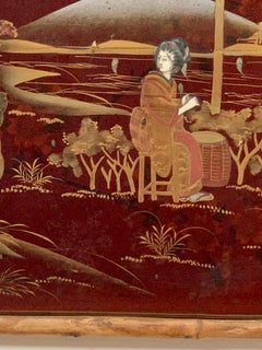 Pair of Chinese Lacquer, gilt and bone scenes of ladies in landscape scenes.