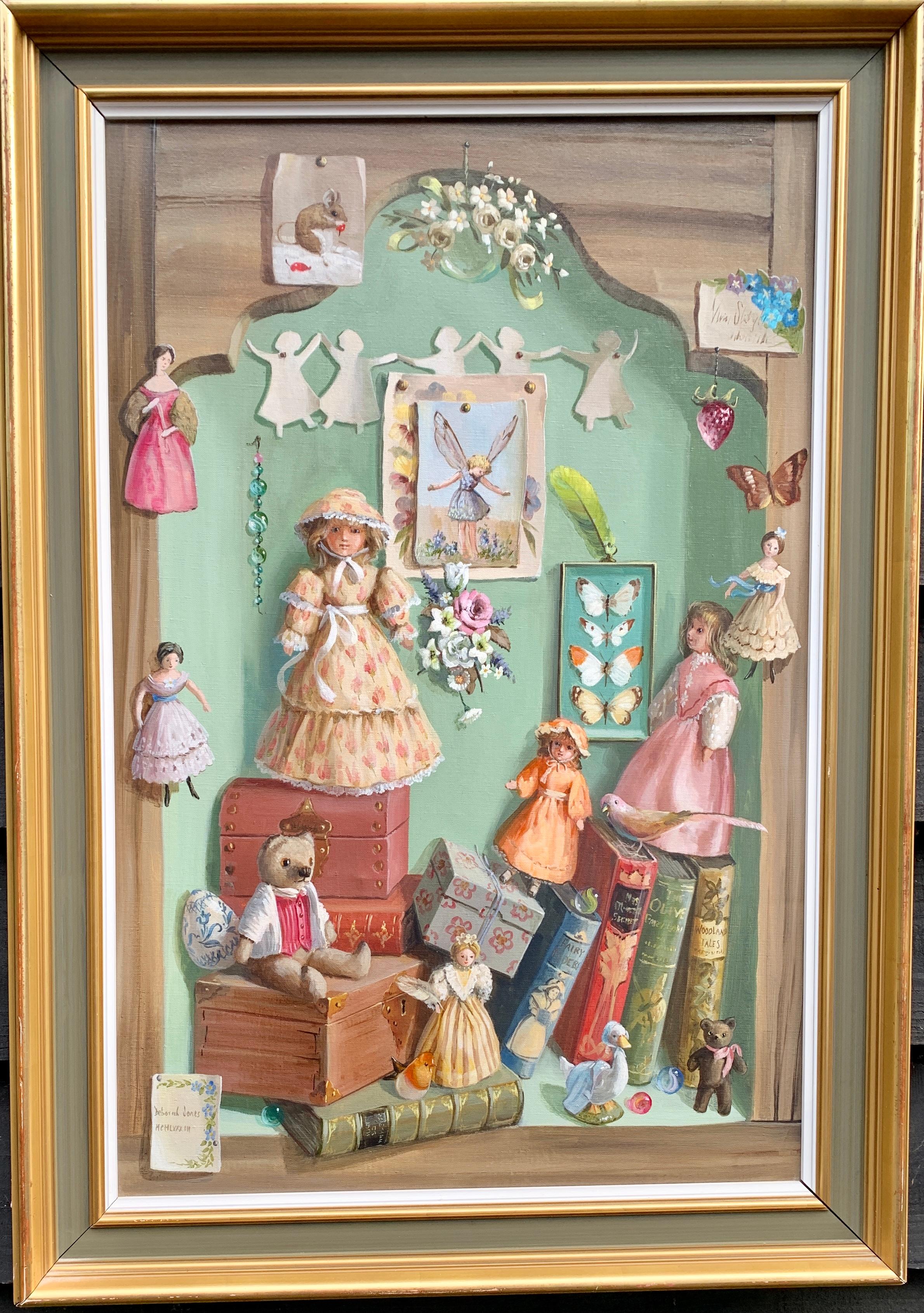 Deborah Jones Figurative Painting - Still life study of treasures,  dolls, shells, teddy , flowers, books, glass.