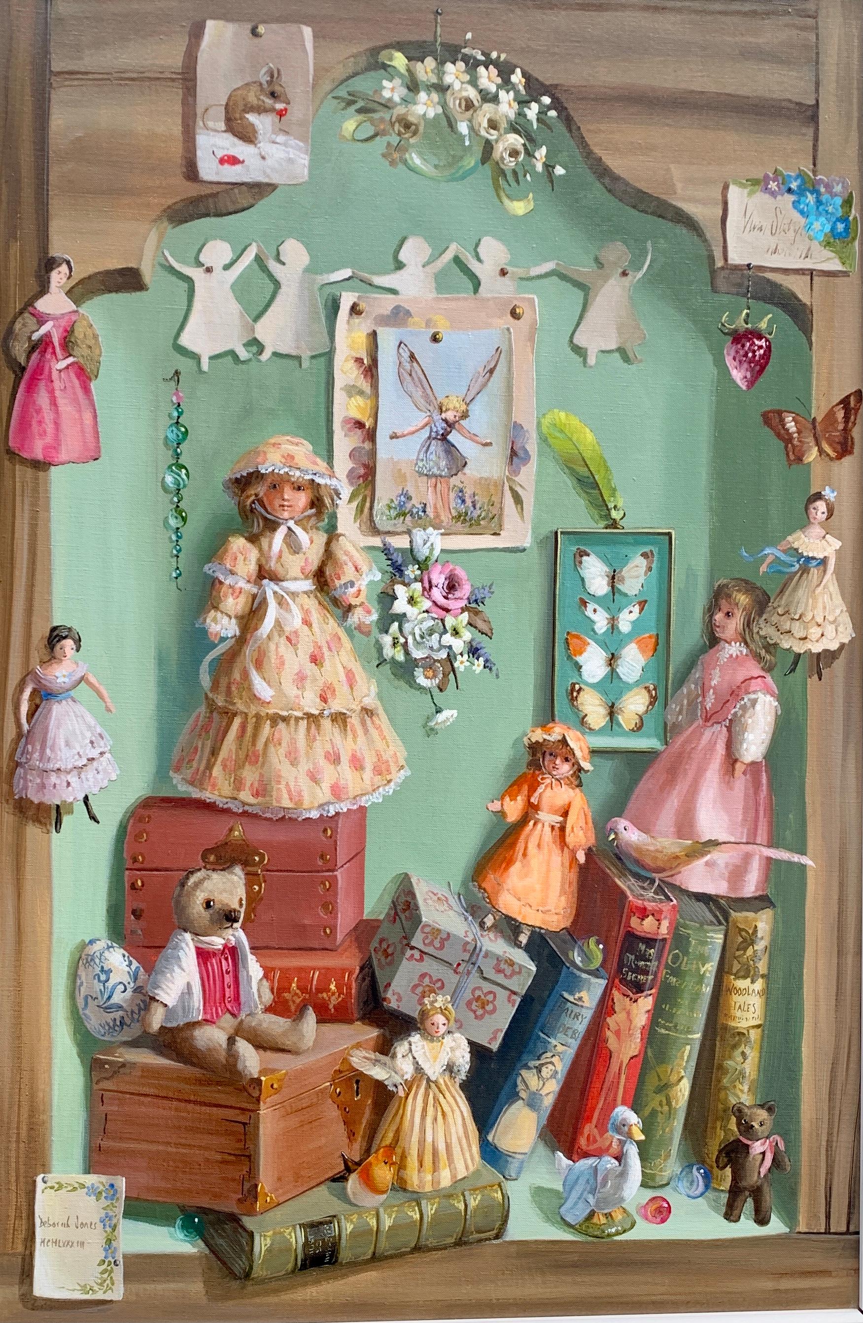 Still life study of treasures,  dolls, shells, teddy , flowers, books, glass. - Painting by Deborah Jones