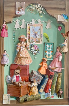 Still life study of treasures,  dolls, shells, teddy , flowers, books, glass.