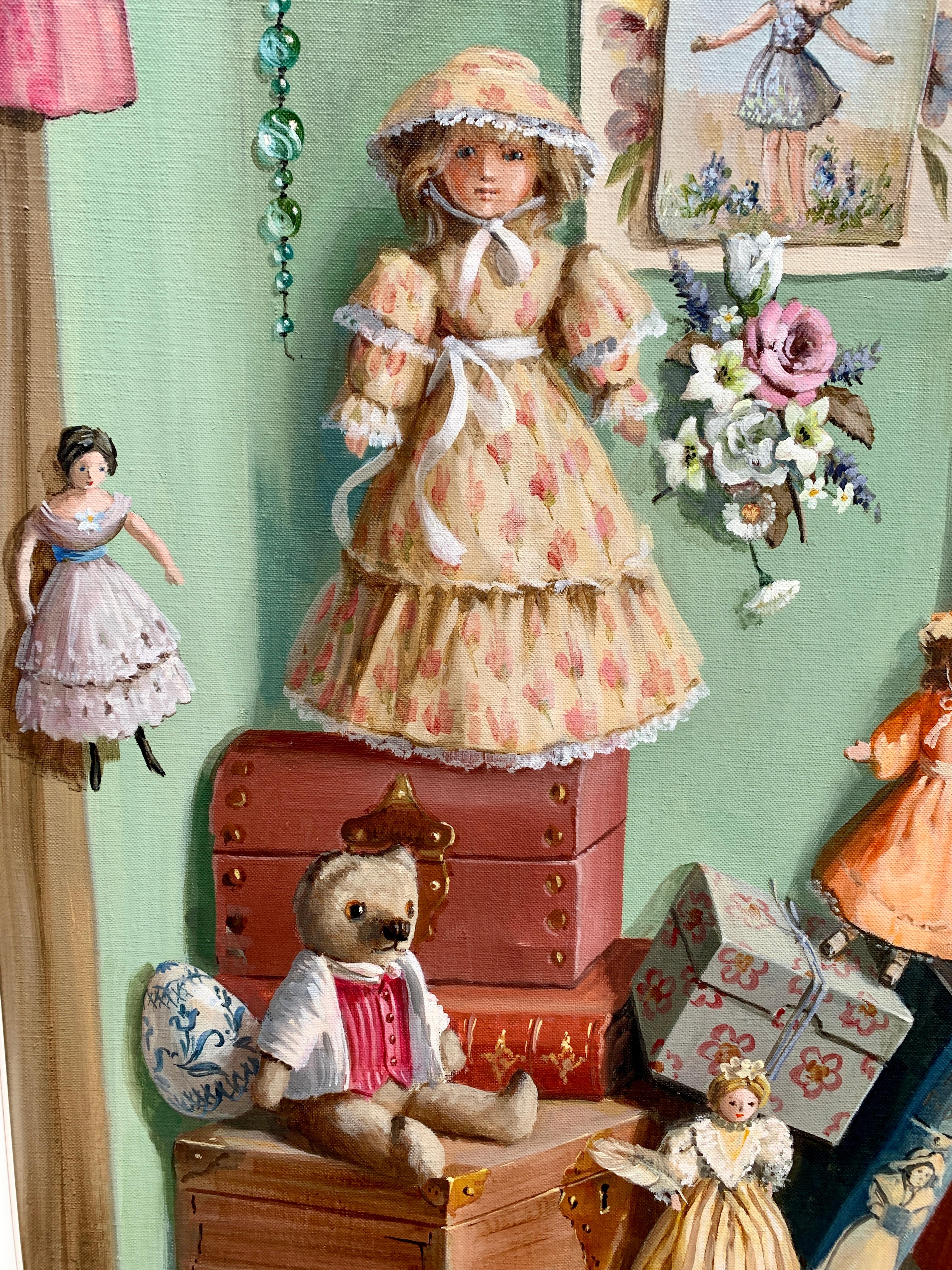 Still life study of treasures,  dolls, shells, teddy , flowers, books, glass. - American Realist Painting by Deborah Jones